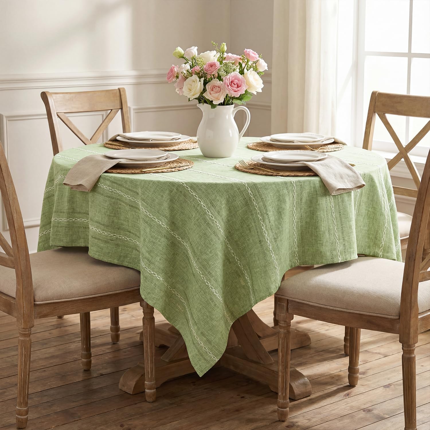 Horaldaily Sage Green Cotton Blend Tablecloth 60×84 Inch Rectangular, Farmhouse Style, Wrinkle Resistant Washable Table Cloth, Hemstitched Embroidery Table Cover for Home
