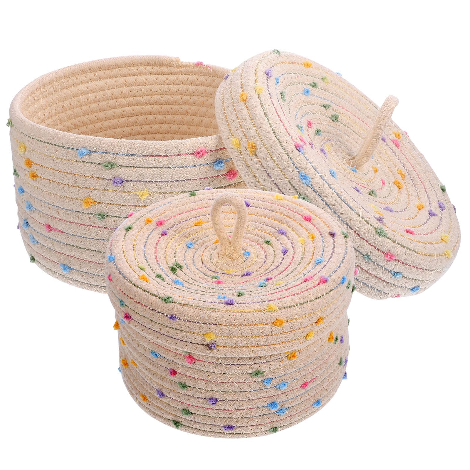 Cestino Porta Giochi Intrecciato in Corda di Cotone, Set 2 Pezzi Coperchio, Contenitori Portaoggetti Semplici e Funzionali per Organizzare Snack e Giocattoli