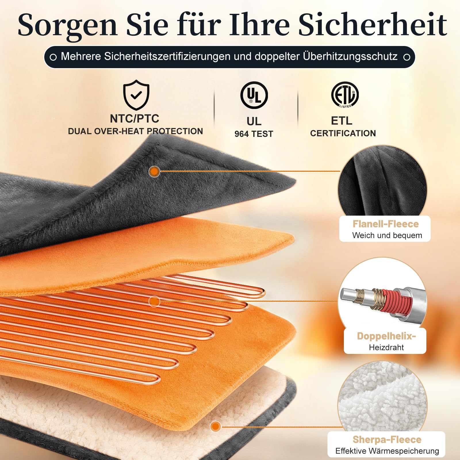 Heizdecke Mit Abschaltautomatik 130x180CM, Wärmedecke mit 8 Heizstufen & 1-12 Stunden Auto-Off-Timer Überhitzungsschutz, Maschinenwaschbar Flanell-Sherpa Wärme Decke für Home & Office, Grau