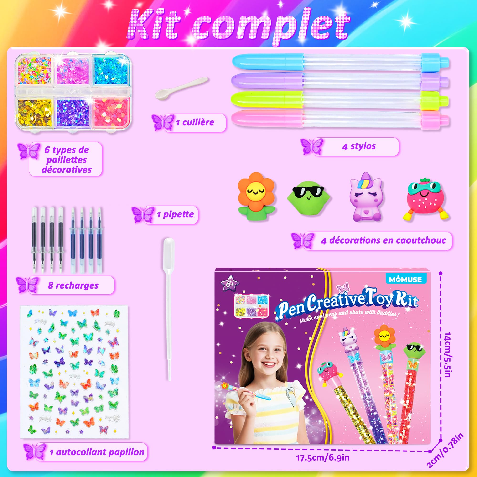 MOMUSE Fabrique à Stylo – Kit Créatif De 4 Stylos Avec Paillettes, Décorations Et Autocollants – Cadeau Fille 6-12 Ans