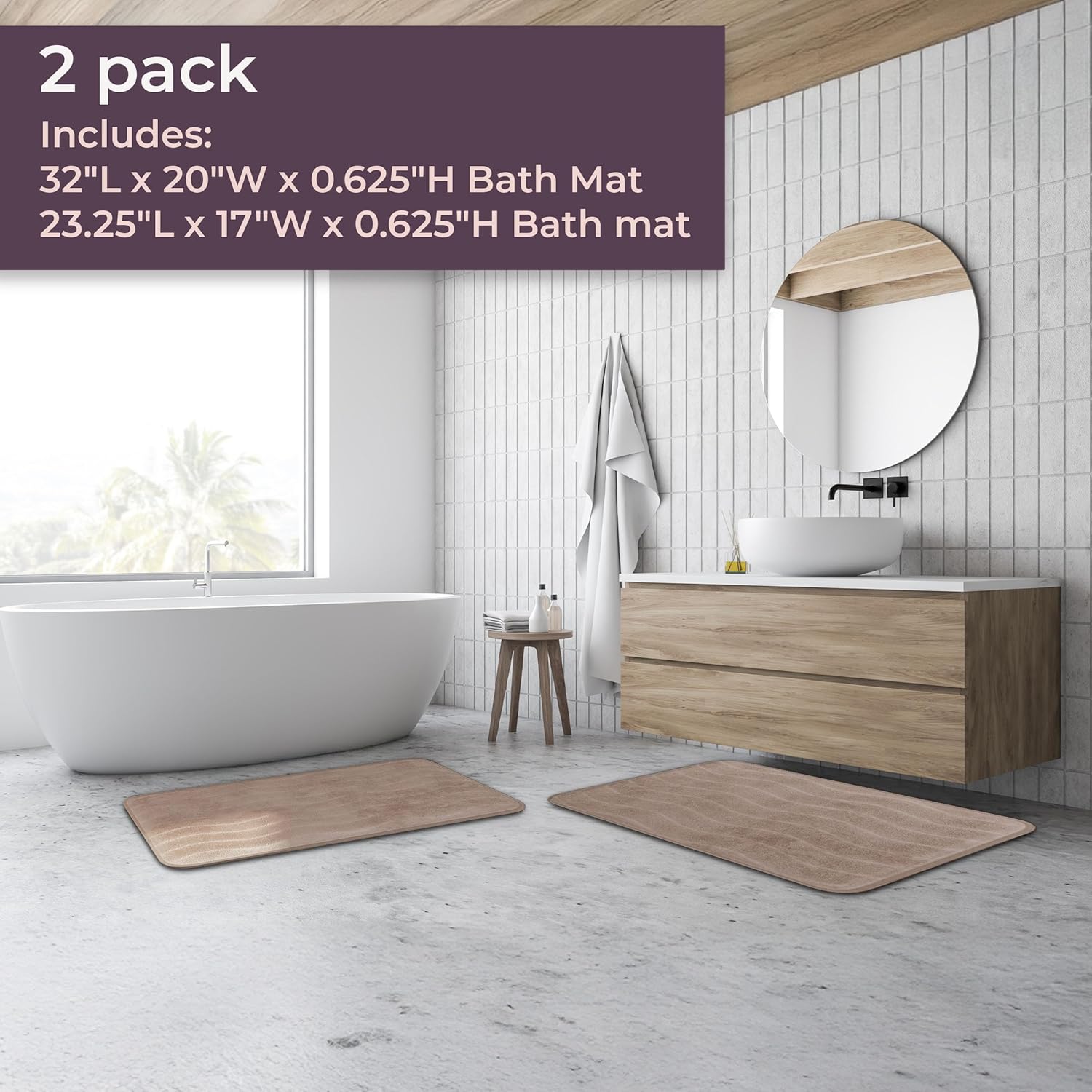 Lavish Home Bathroom Rug Set- 2-Piece Memory Foam Bath Mats-Wavy Microfiber Top-Non-Slip Absorbent Runner for Shower, Tub, Sink, or Kitchen (Taupe)