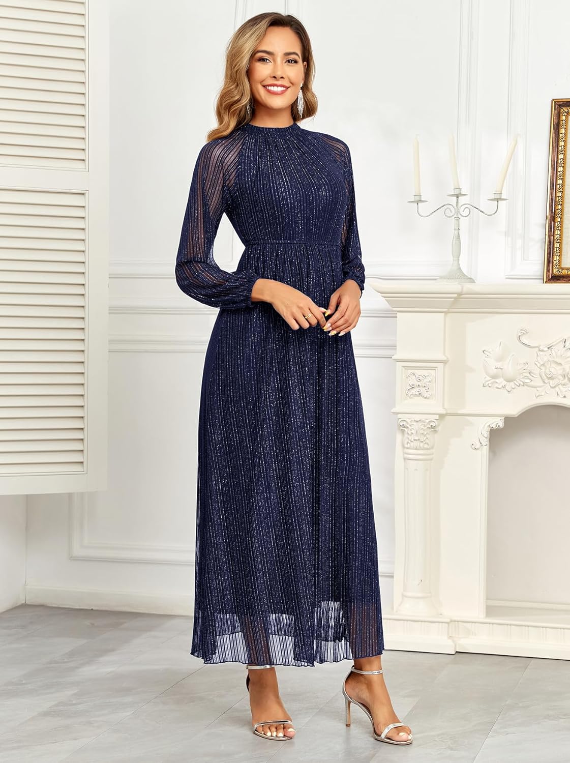 Maternity Sparkly Dress Halter Neck A Line Long-Sleeve Raglan Pregnancy Dresses Semi Formal Baby Shower Photoshoot - Image 5