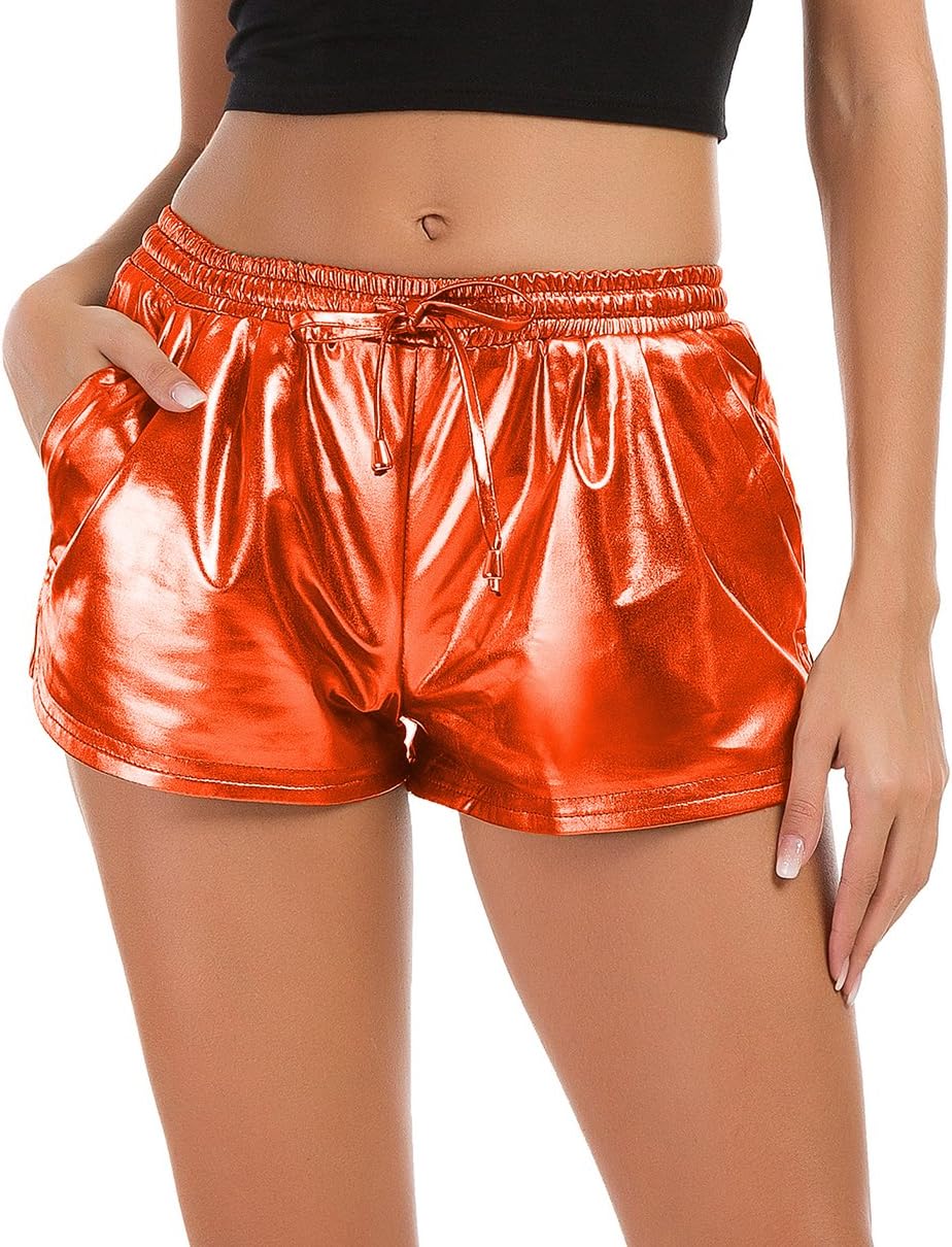 Women's Yoga Hot Shorts Shiny Metallic Pants with Elastic Drawstring