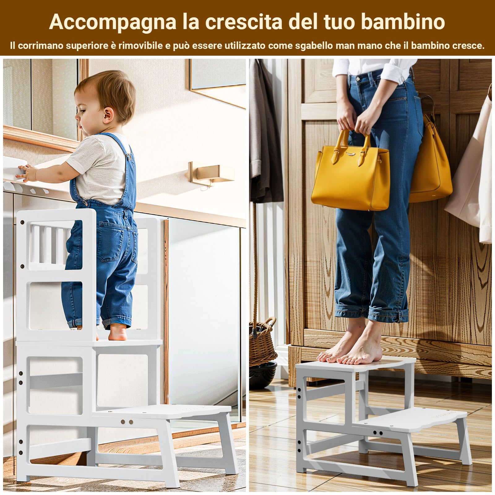COSYLAND Torre Montessoriana 2 in 1 per Bambini con Protezione Rimovibile 136 kg Bianco
