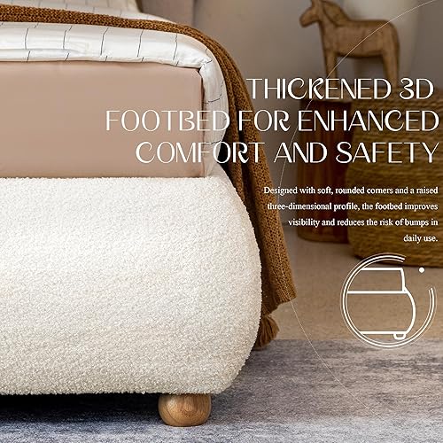Miniatura 6 de Yechen Boucle Cloud - Marco de cama Queen con cabecera de esquinas redondeadas, marco de cama tapizado suave color crema con patas de madera maciza,