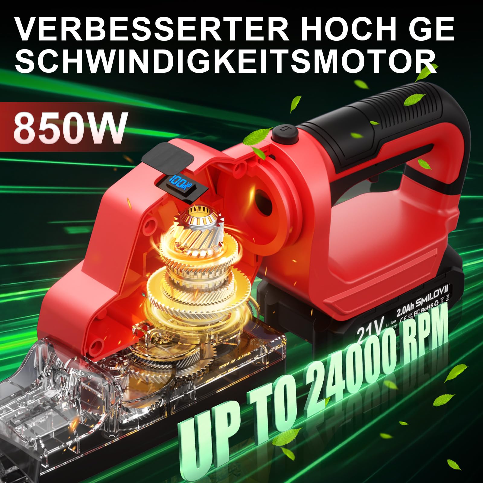 Cortasetos Inalámbrico SMILOVII 21V 850W, Cuchilla 50cm, 2 Baterías 2Ah y Cargador, Mango Giratorio 180° y Diseño Ergonómico para Jardín y Setos