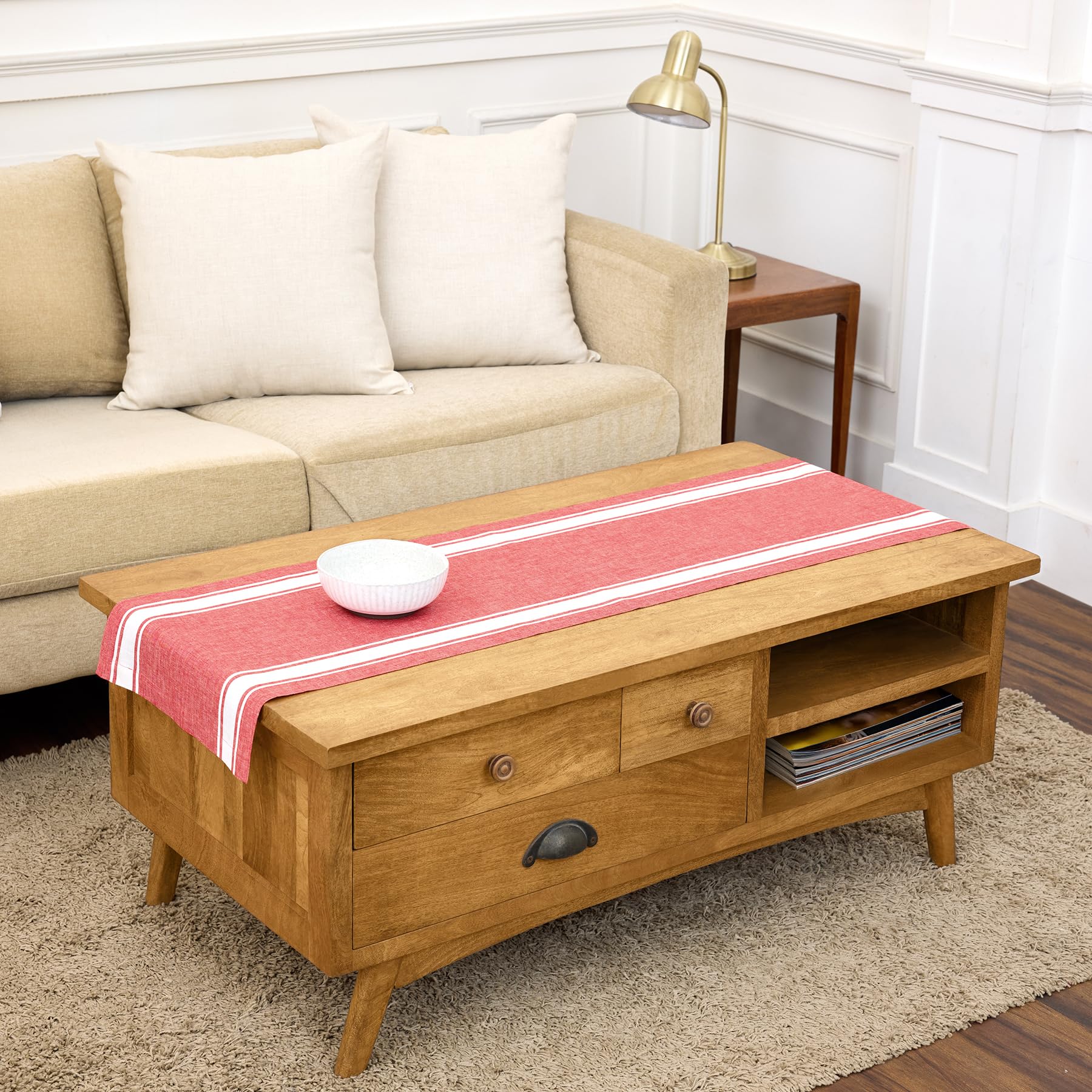 Solino Home Camino de mesa de lino a rayas de granja de 35 x 122 cm, 100 % lino puro, rojo y blanco, lavable a máquina, camino de mesa de comedor de granja