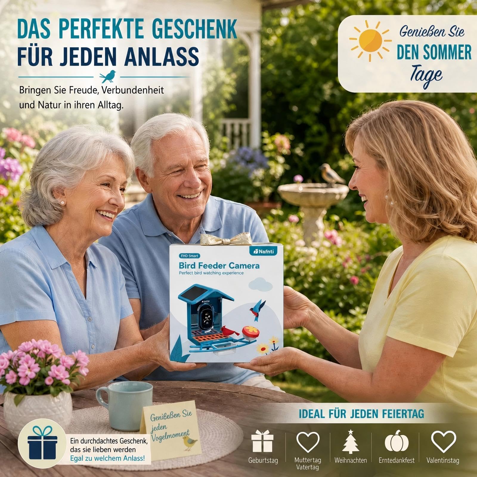 Kompaktes Vogelfutterhaus mit Kamera, Solar, 2K Livebild, 2,4/5 GHz WLAN | Kompaktes Design mit Solarbetrieb, Sofortmeldungen und Eichhörnchenschutz für Balkon, Terrasse und kleine Gärten.