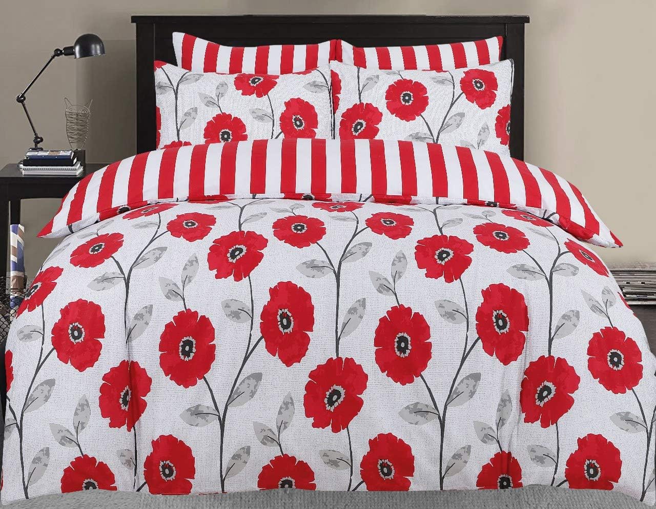 DTEX Homes Duvet Cover Set Easy Care Polly Cotton Queen Size Bed Set Soft and Durable Bed Sheets Reversible Modern Printed Duvet Cover Sets Red Flower - Queen/Full