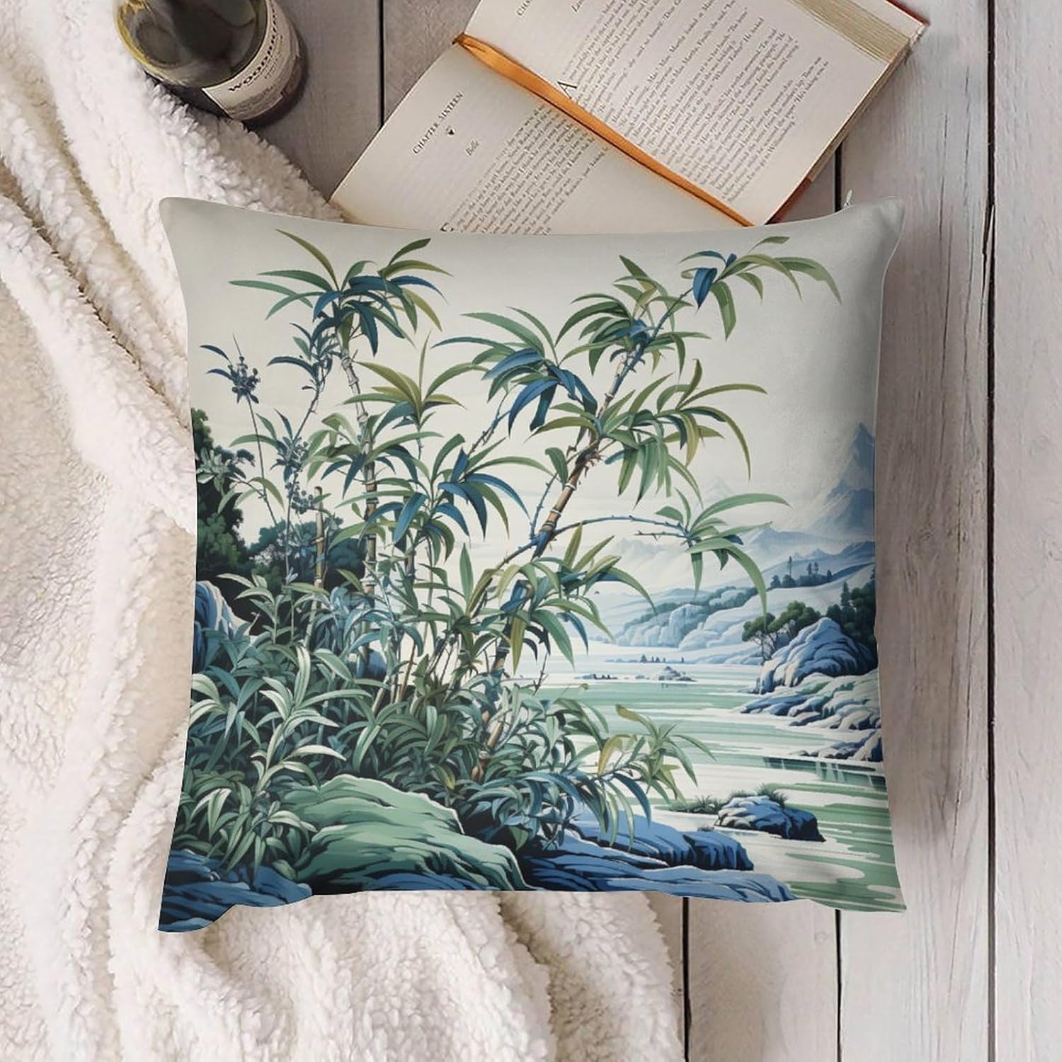 ArogGeld Chinoiserie Pillow Covers Set of 2 Blue Green and White Asian Scenic Cushion Cover Green Bamboo and Flower Throw Pillows Decorative Short Plush Pillowcases for Bedroom 26"x26"