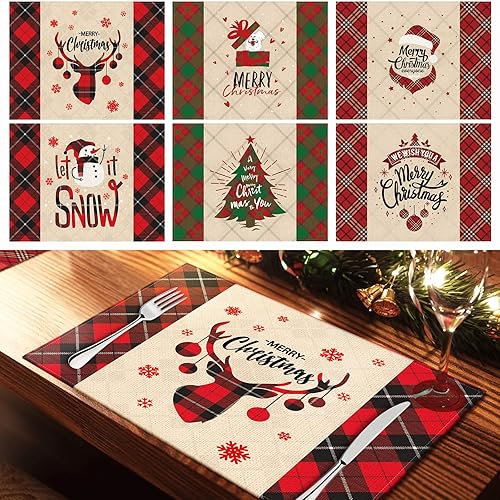 NiHome Manteles individuales de lino con texto en inglés "Merry Christmas", paquete de 6 manteles individuales para mesa de comedor, varios patrones