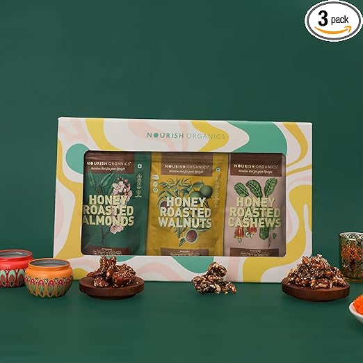 Nourish Organics Festive Diwali Nut Gift Pack | Honey Roasted Cashews, Walnuts & Almonds | Nutty Snack Hamper | Naturally Sweet & Healthy | No Refined Sugar | Clean Label