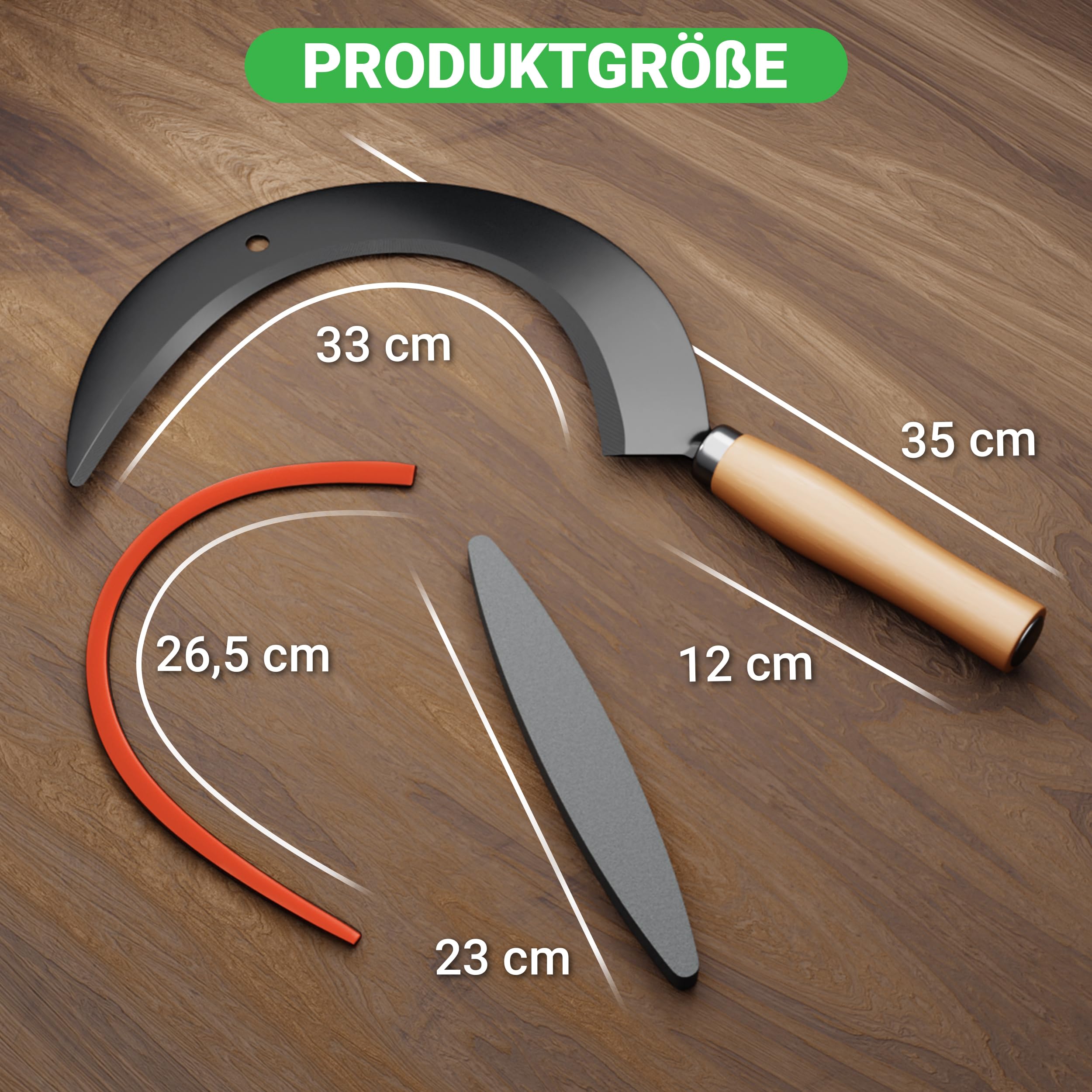 Rundsichel mit Holzgriff - traditionelle scharfe Sichel - nachhaltige Handsense 35x22 cm- inklusive Gratis Schleifstein – robuste Sensensichel für Gras