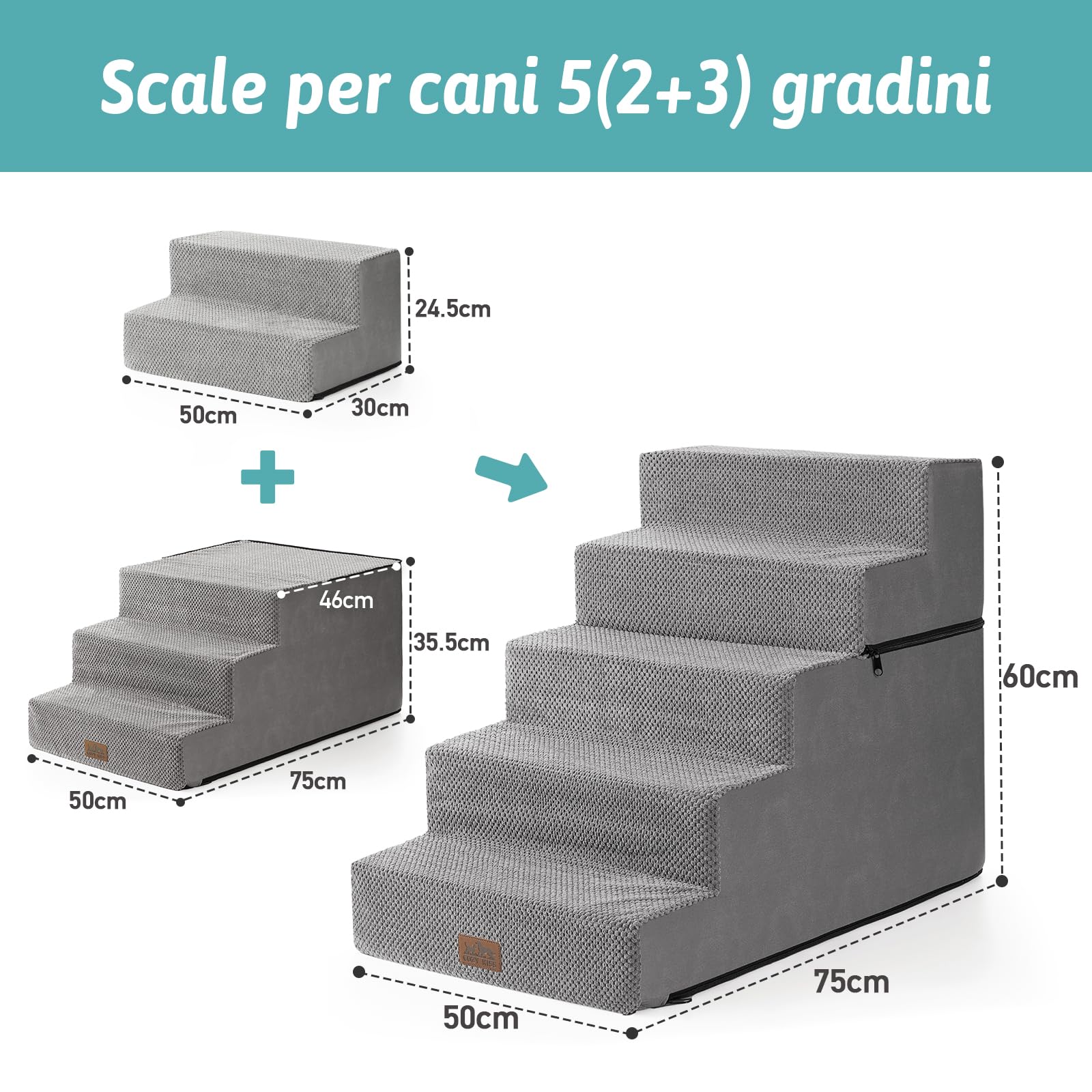 COZY KISS Scala per Cani di Piccola Taglia, Scaletta Cani Domestici a 5 Gradini più Larghe per Divano Letto Auto, 60 cm Altezza Gradini per Gatti in Spugna