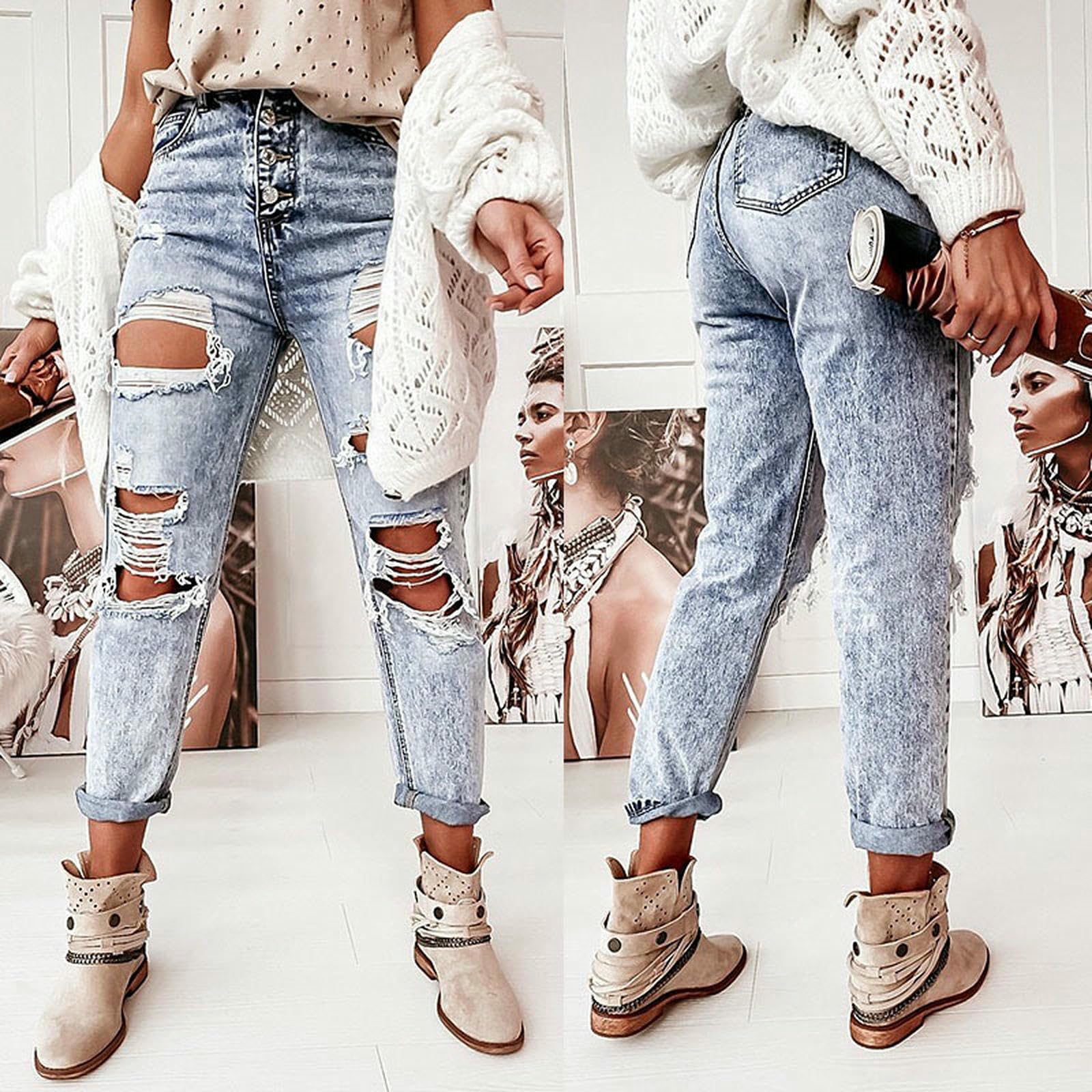 Jeans da Donna Casual A Vita Media, Strappati, Lavati, Gamba Dritta-Blu Denim-XXL