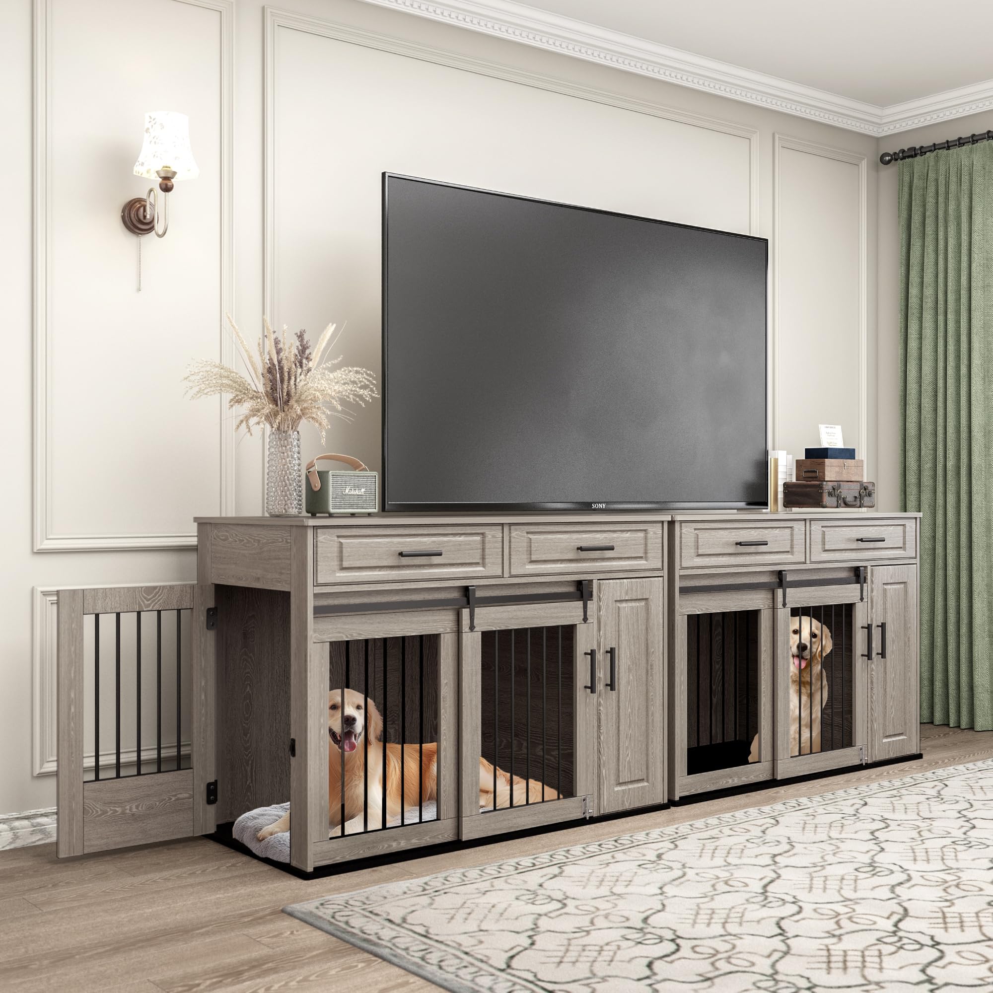 Mueble Estilo Perrera, Perrera Grande de Madera para Perros con Puertas Corredizas, Cajones y Armario, Casa para Perros con Cerradura, Interior, Mesa, Gris