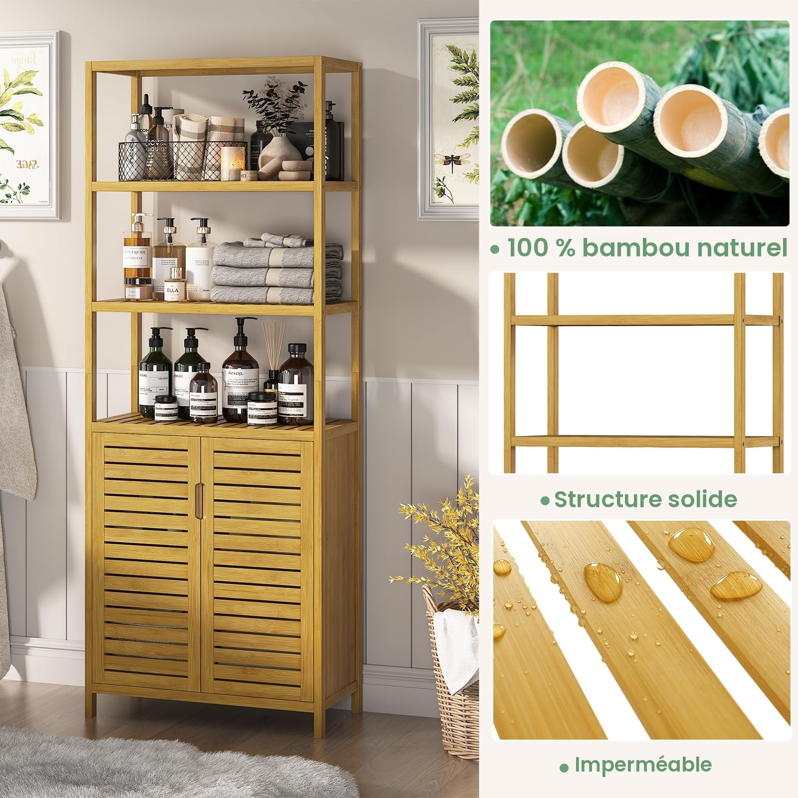 VIAGDO Armoire Haute en Bambou avec 3 Compartiments Ouverts et Armoire, Armoire d'appoint Haute,pour Salle de Bain, Couloir, Cuisine, Salon, 64 x 33 x 170 cm