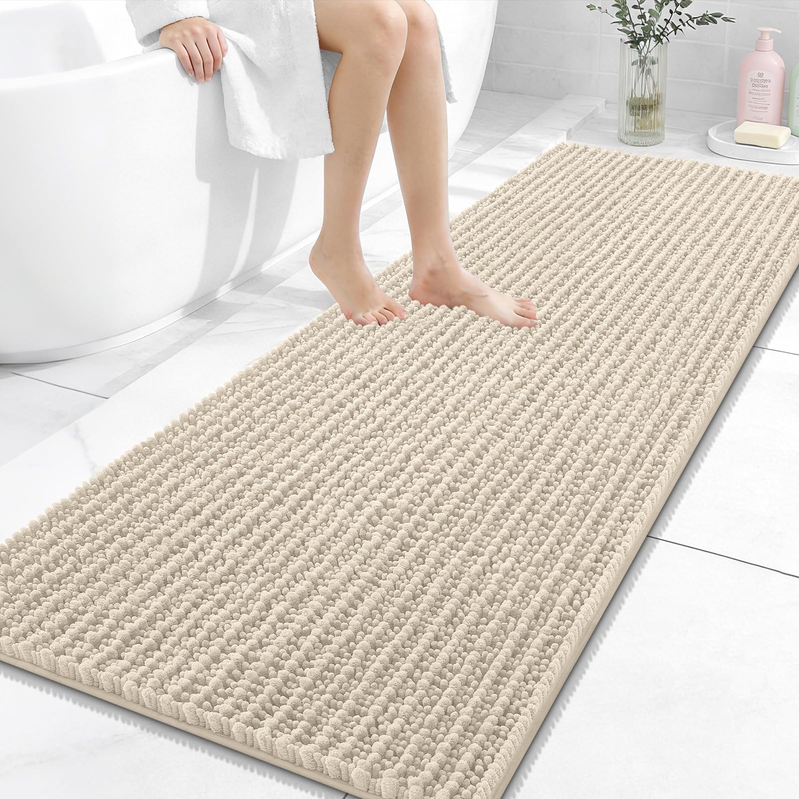 Photo 1 of OLANLY Long Bathroom Rugs Runner 59x24, Thick Soft and Absorbent Chenille Bath Mat, Non-Slip, Machine Washable Quick Dry Bath Rugs for Tub Shower Floor, Home Decor Accessories, Sand