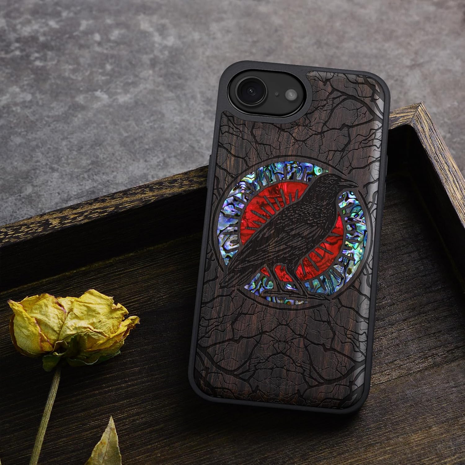 Carveit Magnetic Wooden Case for iPhone 16e / 17e, Wood Artisan Engraved & Handmade Shell Inlaid, TPU Shockproof Cover, Compatible with MagSafe Wireless Chargers, The Haloed Crow - Blackwood