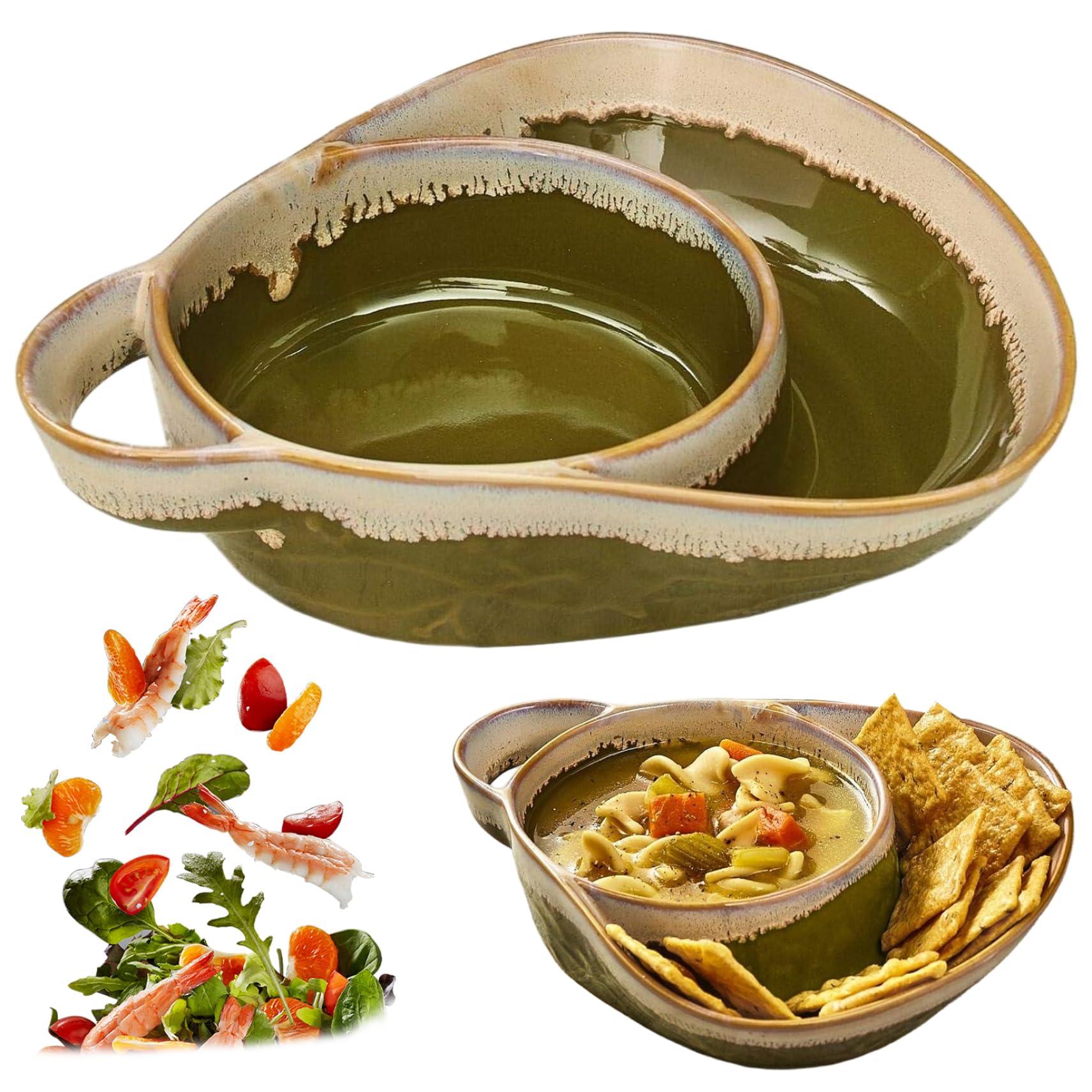 Hbbgdiy Soup and Sandwich Plate Combo Ceramic Soup and Sandwich Plate with Handle Retro Stoneware Bowl and Side Dish for Breakfast, Snack, Salad, Dessert, Army Green