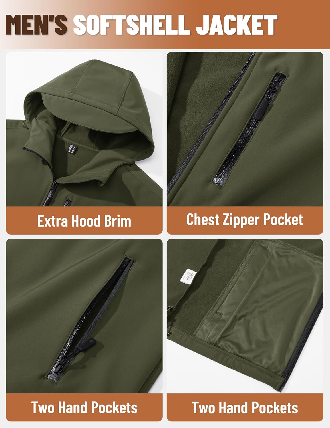 TACVASEN Men's Hooded Softshell Jacket Lightweight Waterproof Fleece Lined Windbreaker Rain Jacket Winter Outdoor Hiking - Image 5