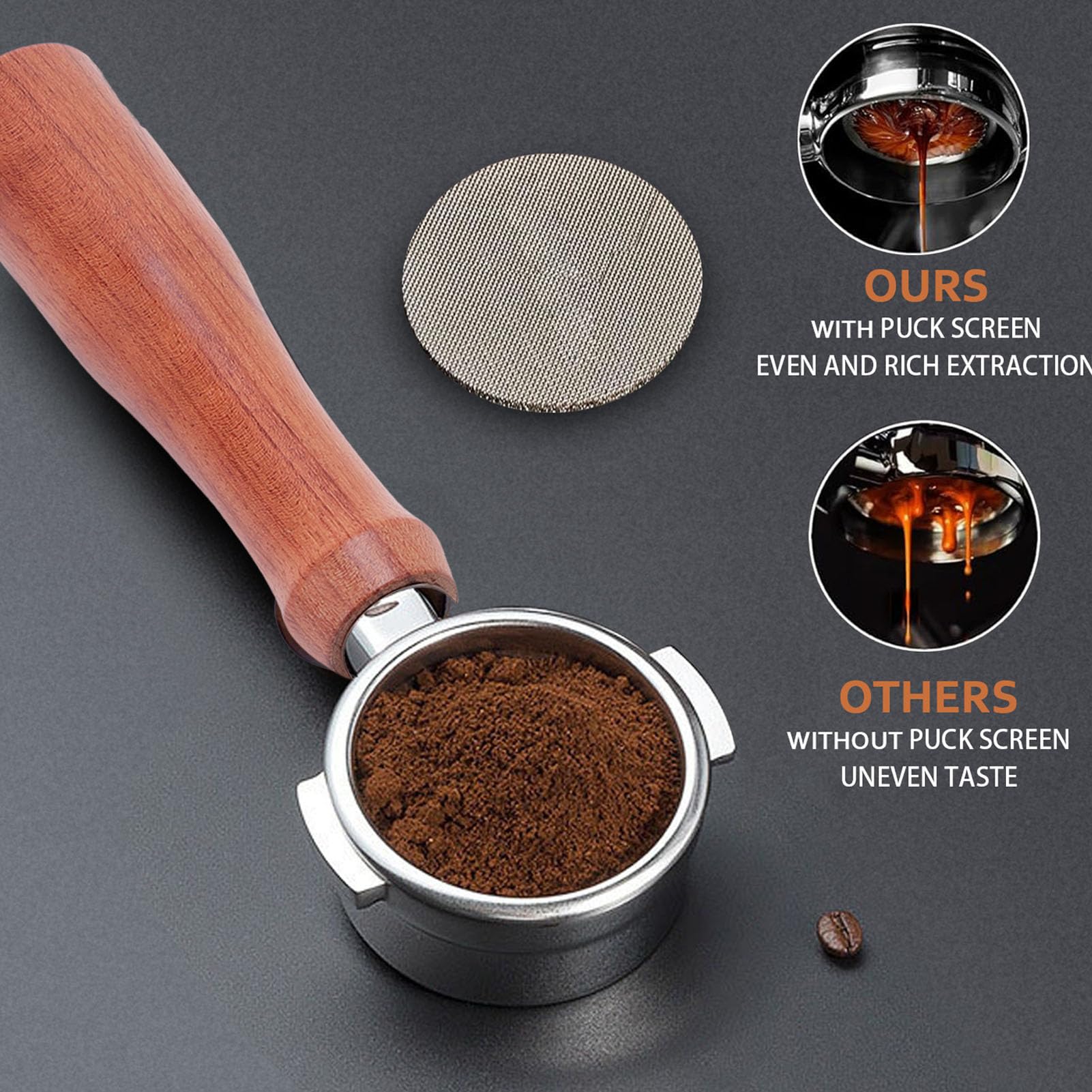 banapoy Portafiltro sin Fondo de 58 Mm para Petrus, Portafiltro de café Profesional de Acero Inoxidable de 3 Orejas con Ergonómico de Madera, Cesta de Filtro y Pantalla de Disco