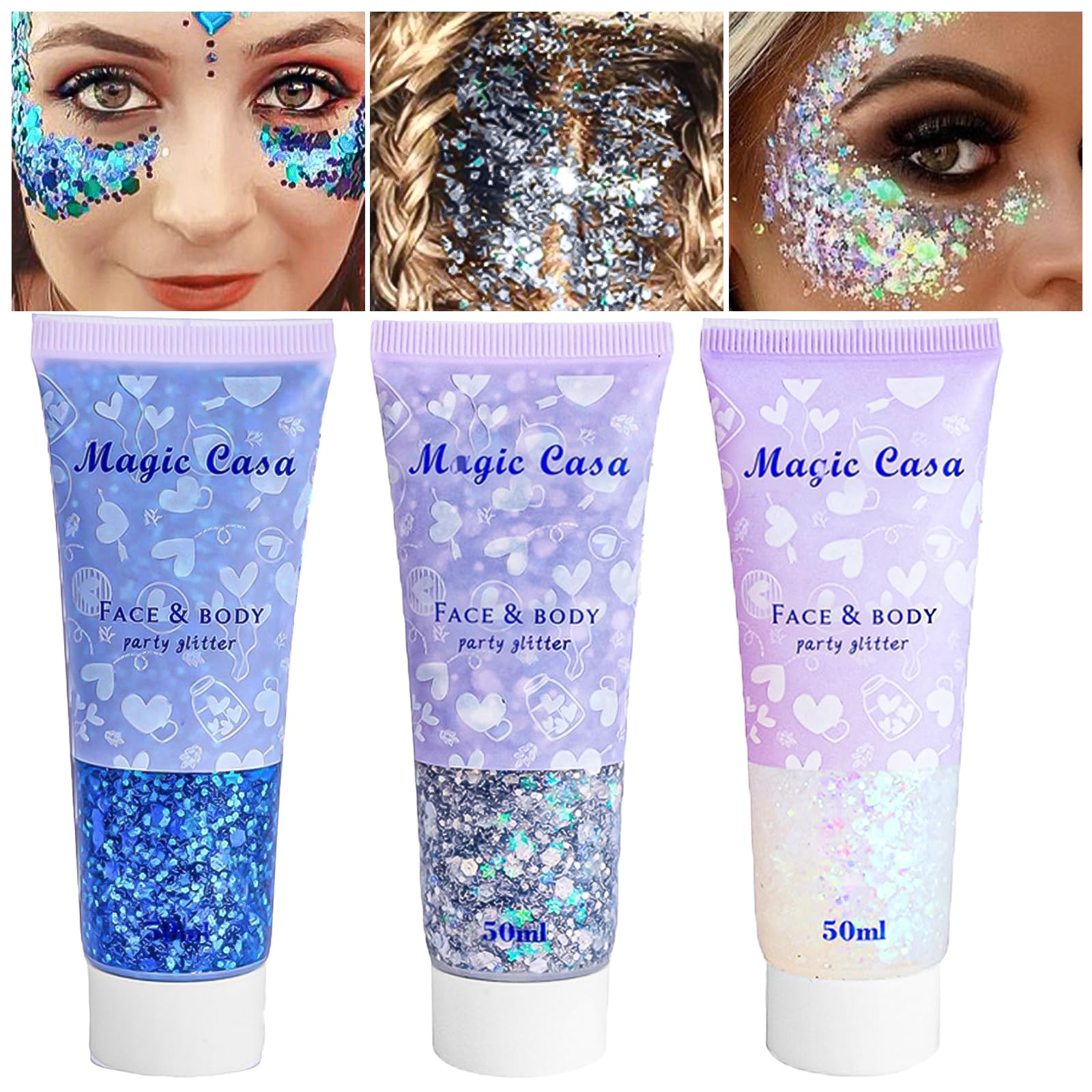Purpurina Cara,Glitter en Gel,Purpurina Maquillaje,Purpurina Pelo,Glitter Maquillaje,Brillos para La Cara,Para Cuerpo,Cabello,para Maquillaje Festivo del Partido de Mascarada(Azul+Plata+Blanco)