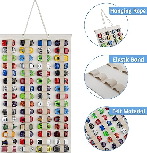 Miniatura 3 de Organizador de almacenamiento colgante para autos de juguete, estuche de exhibición de fieltro sostiene hasta 60 autos de juguete (crema)