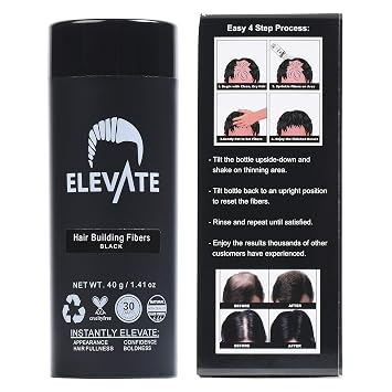 ELEVATE Hair Fibers for Thinning Hair Large Size 40g Bottle - 100% Natural Undetectable Keratin Fibers to Instantly Fill in Thinning Balding Loss Area Fuller in 30 Seconds Men & Women Black