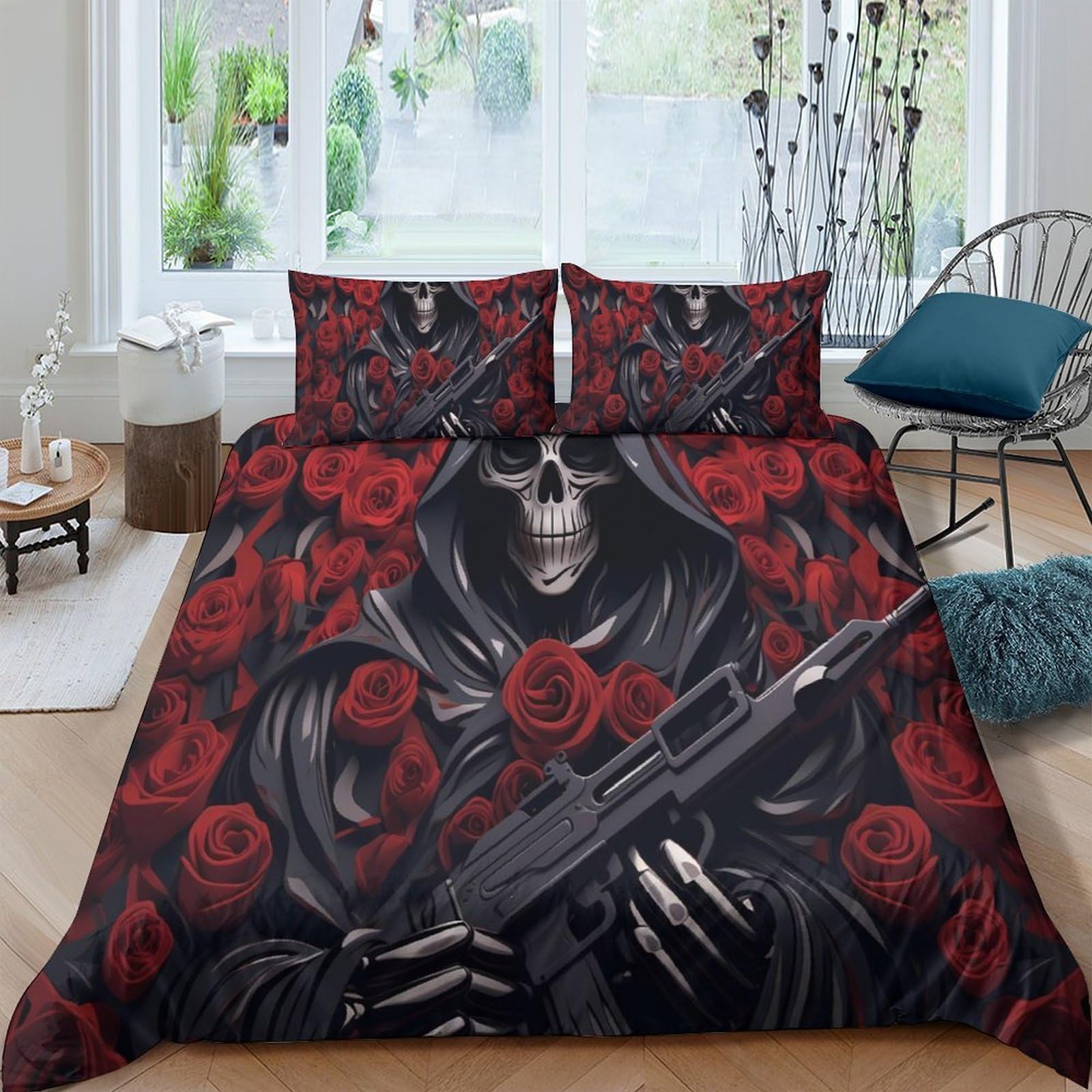 Ctjqhvkz Style-8 3D Printed Skull Rose Fitted Sheet Microfiber Soft Black Gothic Gun Bed Cover For Bedroom Guest Room Dorm Decor Single（135X200cm）
