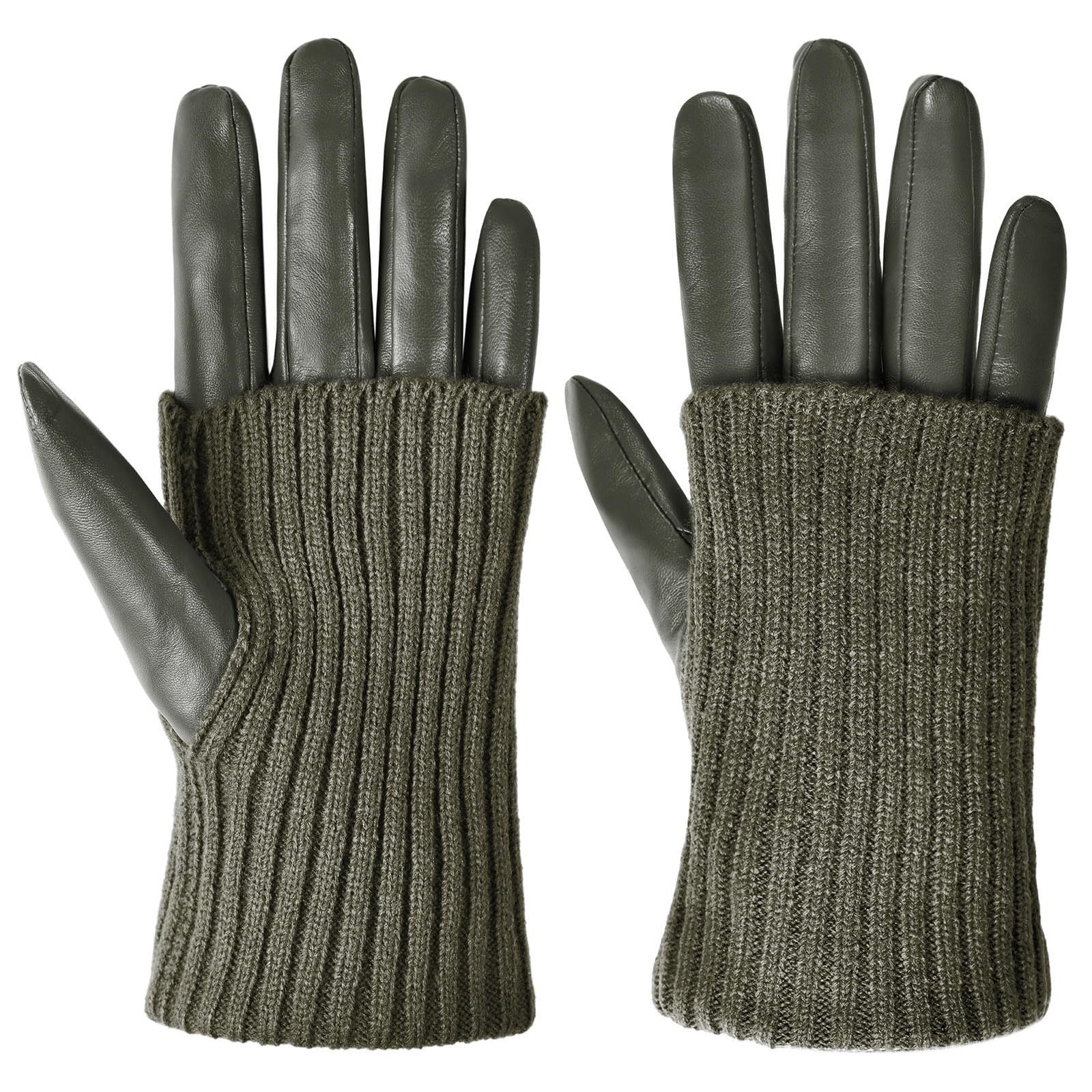 Harssidanzar Damen-Zweizweck-Winterhandschuhe aus Ziegenleder mit Acryl-Strickmanschetten und Kurzflausch-Futter CL001EU