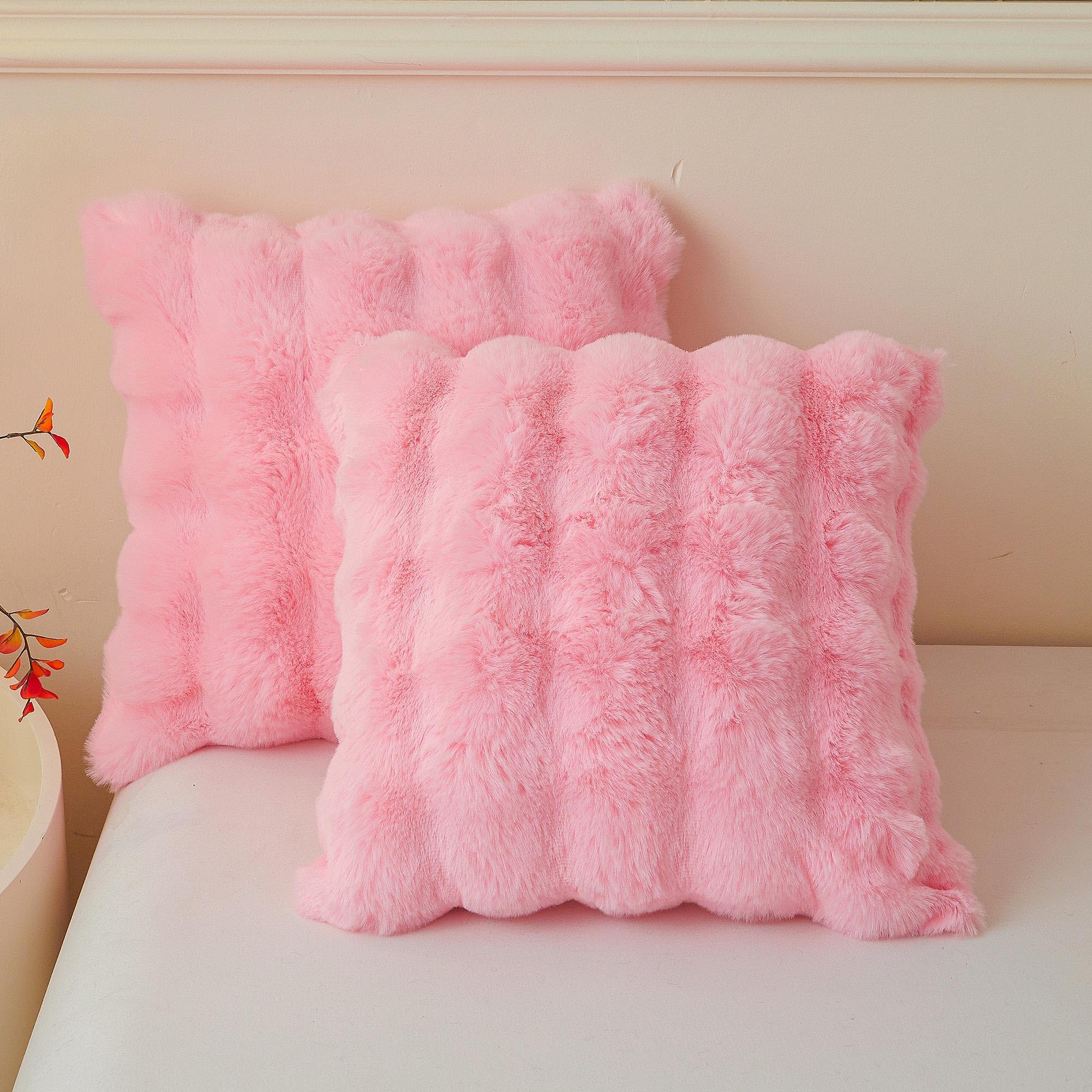 LIFEREVO Fluffy Faux Rabbit Fur Set of 2 Cushion Covers 50x50cm, Cute Plush Shaggy Bubble Waffle Square Throw Pillow Covers Zipper Closure, Home Decorative Pillow Shams for Kids Girls Adults, Pink