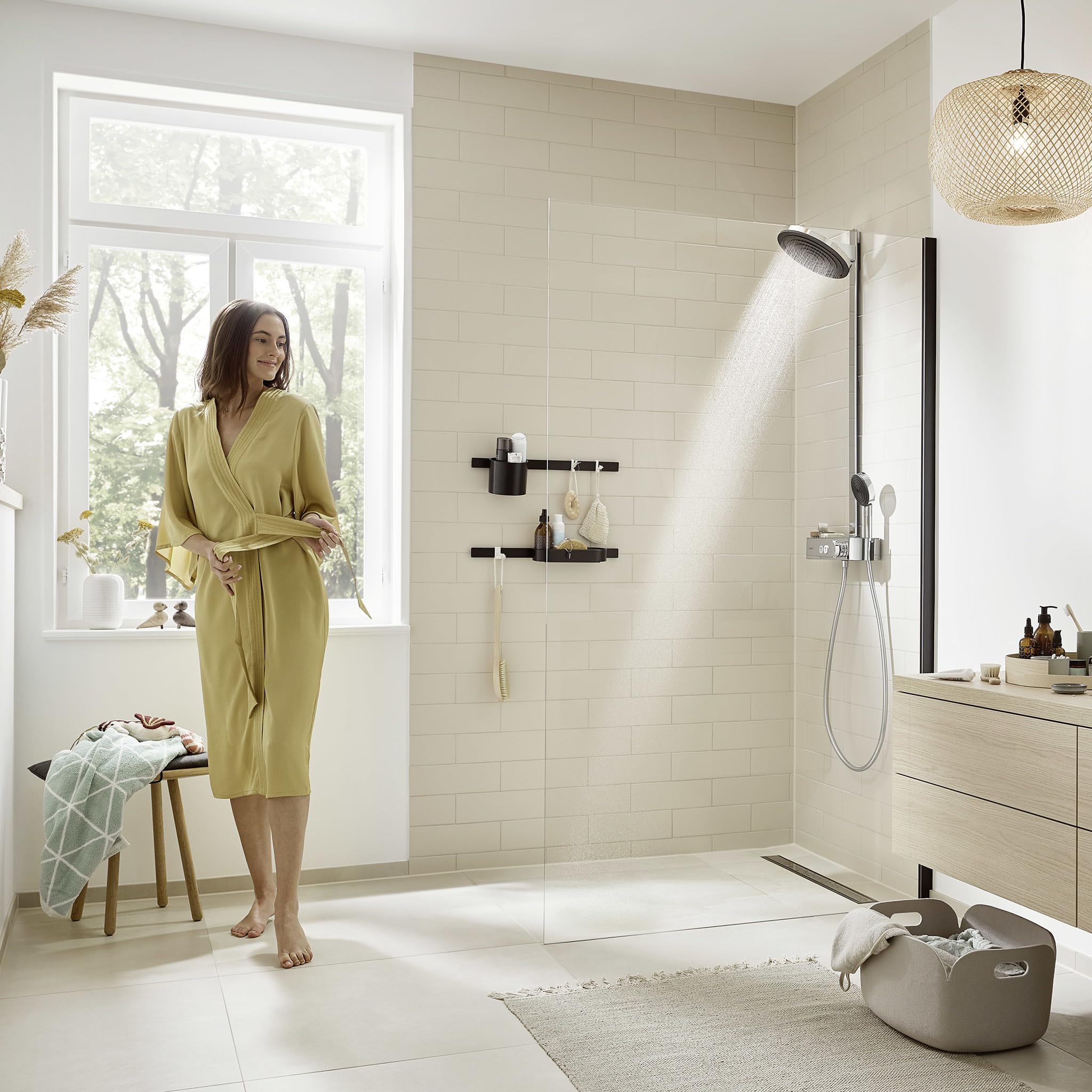 hansgrohe Pulsify S - komplet prysznicowy z termostatem, zestaw prysznicowy z główką prysznicowa, wąż, szyna i deszczownica okrągła 2-strumieniowa, chrom, 24240000