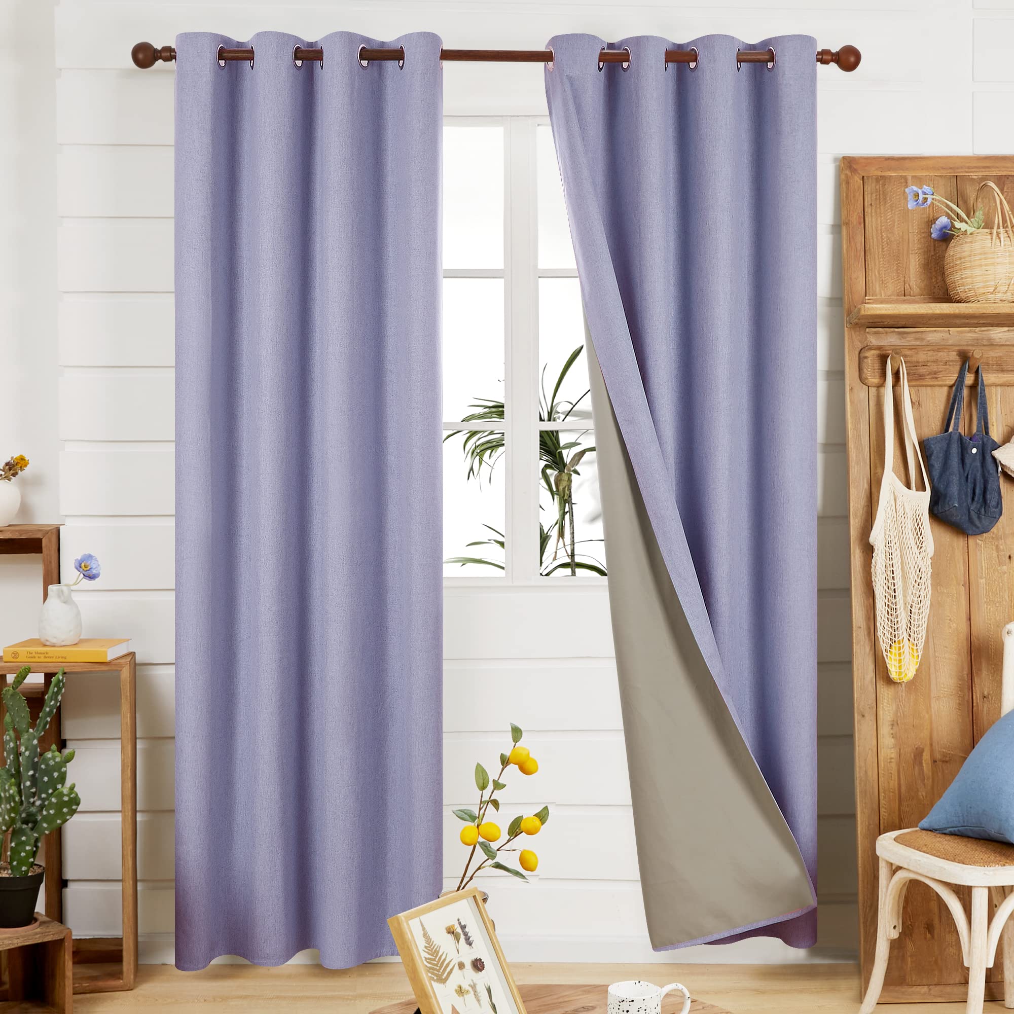 Deconovo Purple Total Blackout Curtains Faux Linen Effect Thermal Insulated Eyelet Curtains For Living Room W46 X L90 One Pair