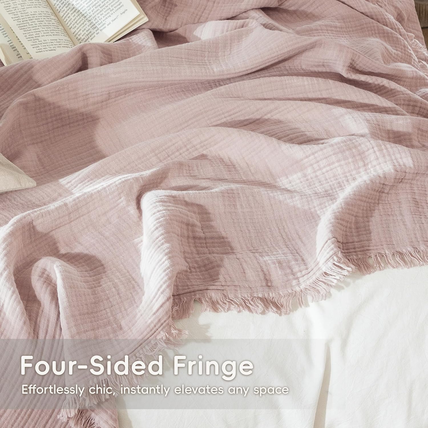 MooMee Muslin Blanket - 100% Cotton 4-Layer Gauze Throw Blanket with Tassels Ultra-Soft Breathable Lightweight Cooling for Bed Couch (Greyish Pink,King 104" x 90") - Image 9