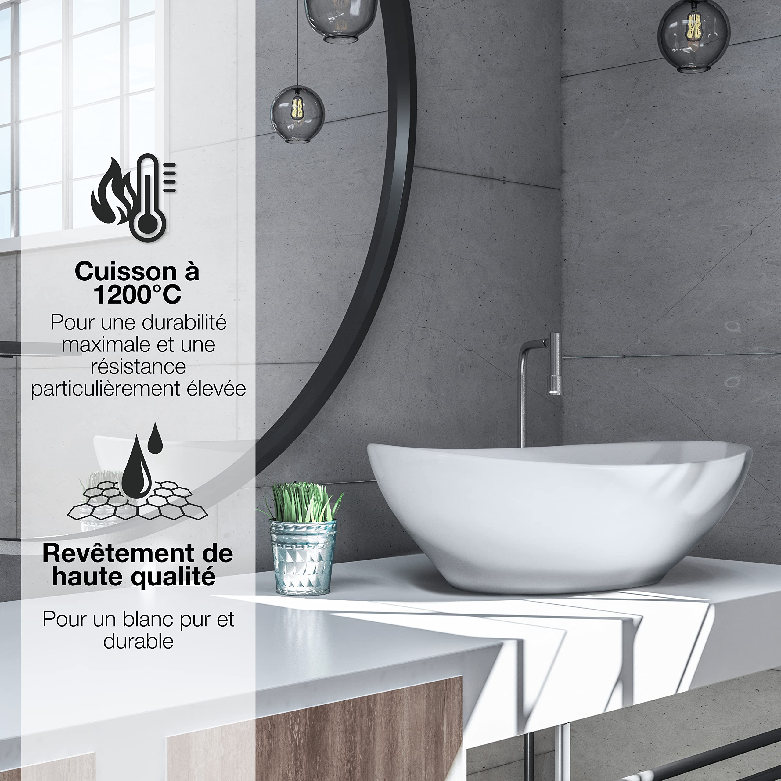 VMbathrooms Premium Céramique lavabo ovale avec effet lotus | Vasque à poser pour la salle de bain et les toilettes d'invités sans trou pour robinet ni trop-plein | blanc pur, 41 x 33 x 14,5 cm
