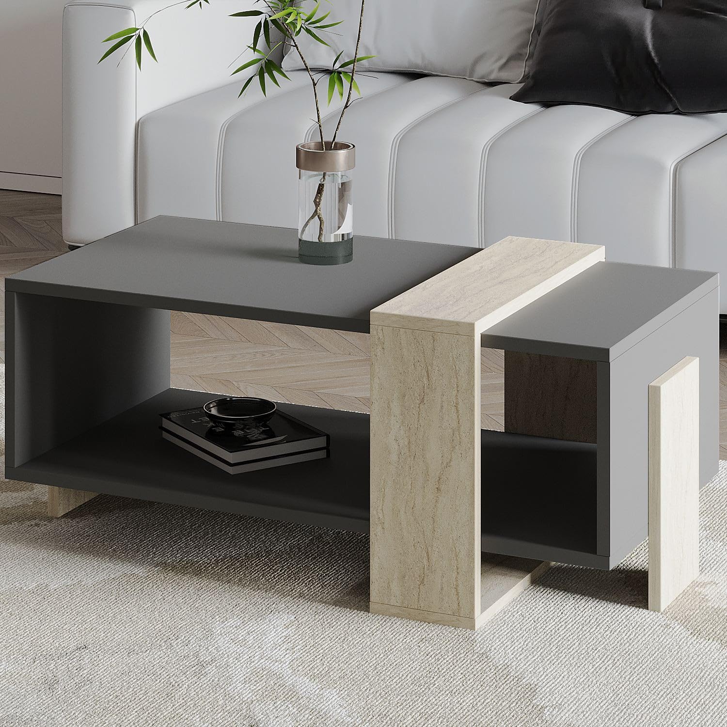 Table basse en bois "Meleni" - 90 x 49 x 40 cm - Gris anthracite
