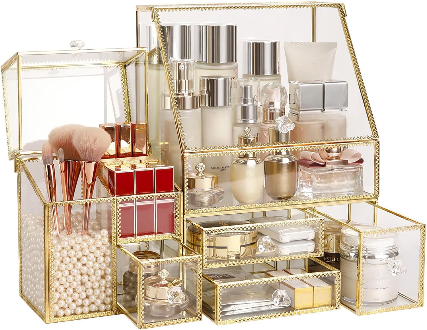 Large Glass Makeup Organizer Drawer Set Beauty Storage Bathroom Counter Organizer Cosmetic Display with Pearl (16in)