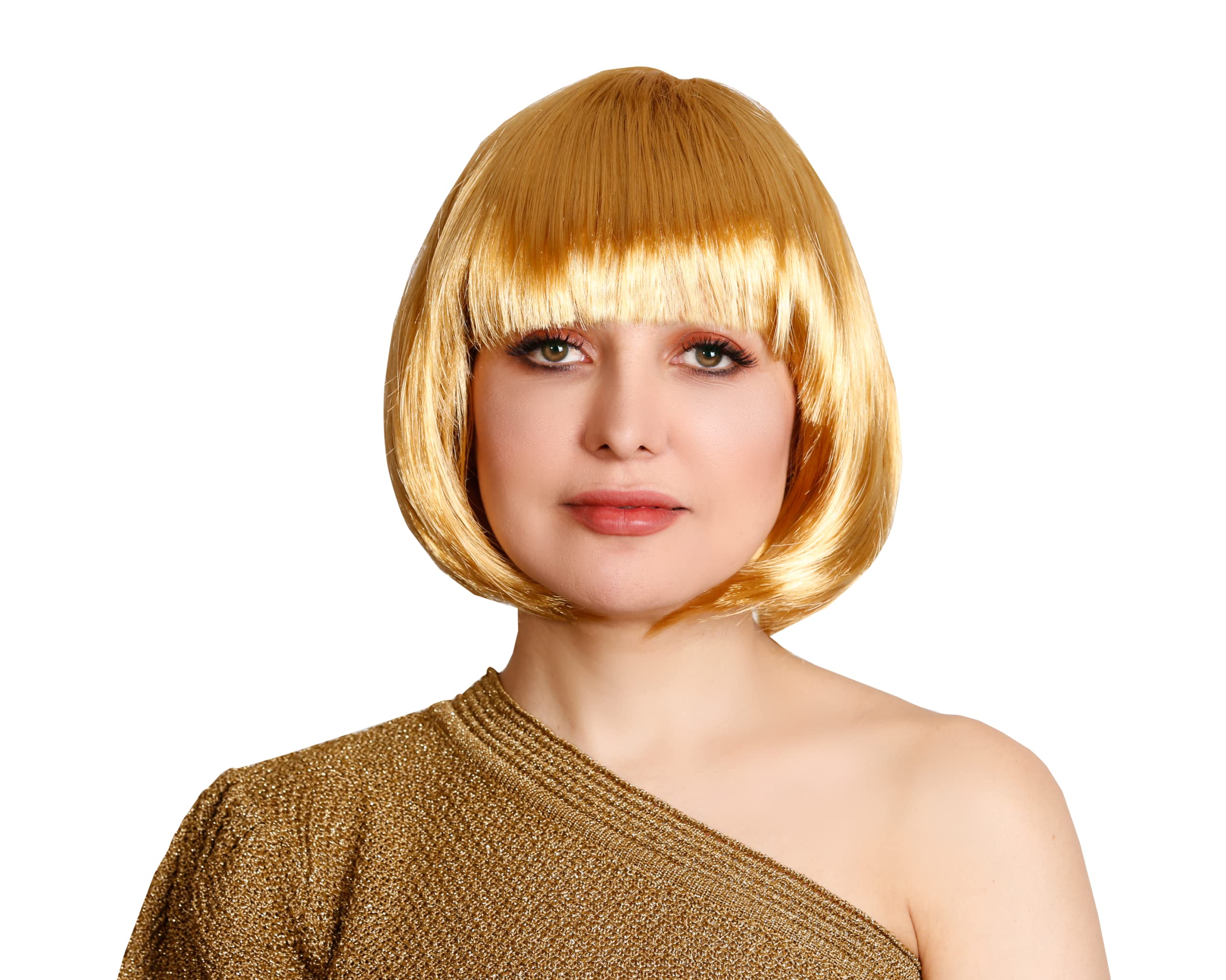 Gold Bob Wig with Fringes - Short Synthetic Wig for Women Costume, Cosplay, Halloween, Party, Fancy Dress, Carnival, Stage Performance - Image 2