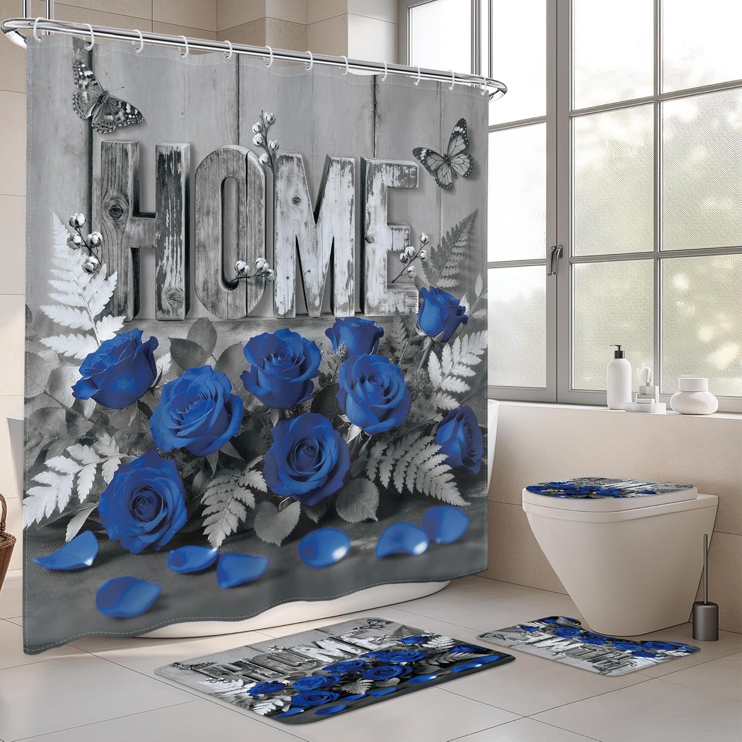 Imirell 4 PCS Home Floral Shower Curtain Set with Rugs,Blue Roses Butterfly Wooden Plank Bathroom Sets with Rugs Shower Accessories-Toilet Lid Cover,Non-Slip Rugs and U-Shaped Mat for Bathroom Decor
