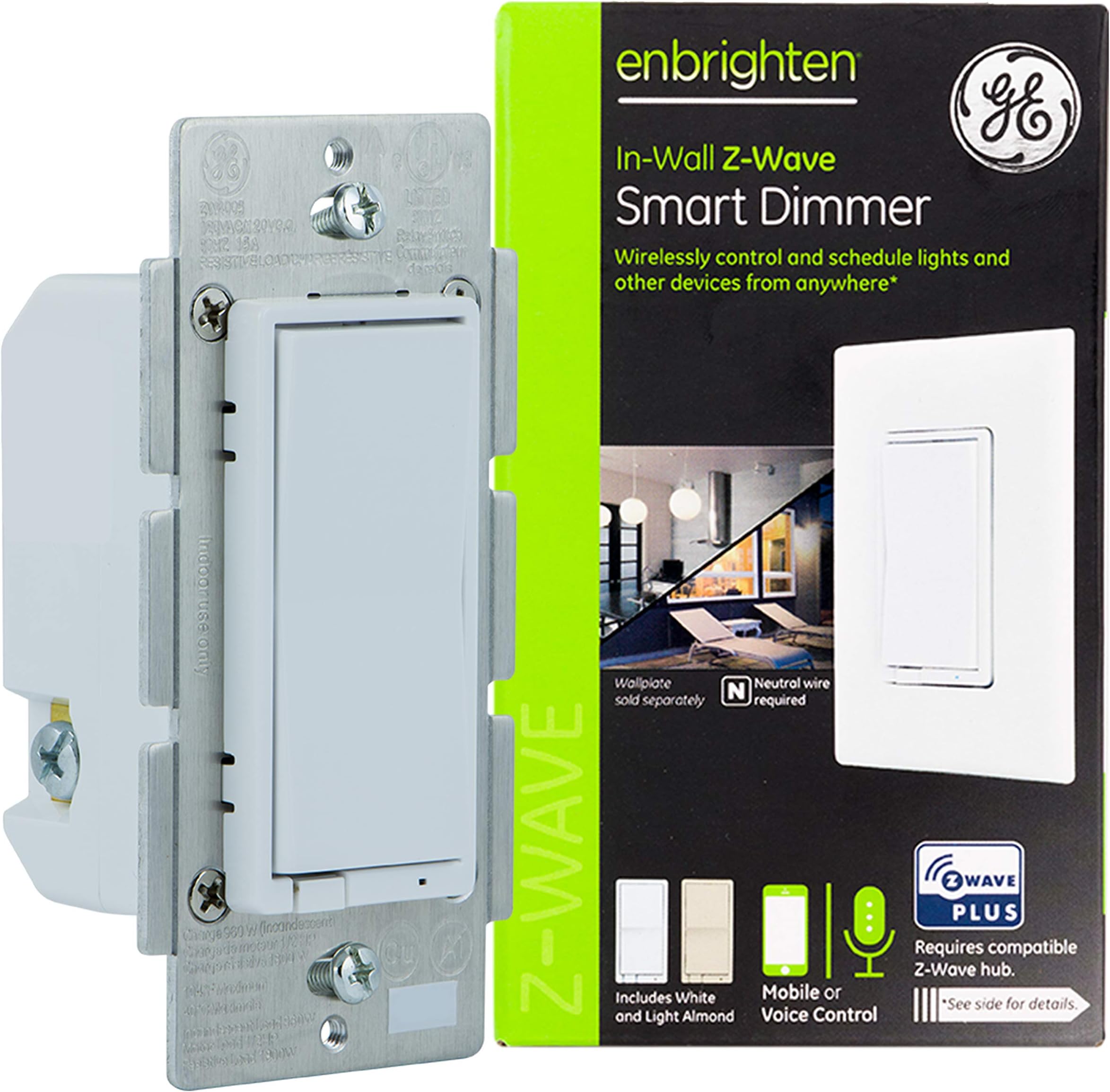 GE Enbrighten Z-Wave Plus Smart Light Dimmer, Works with Alexa, Google Assistant, SmartThings, Wink, Zwave Hub Required, Repeater/Range Extender, 3-Way Compatible, White & Light Almond, 14294