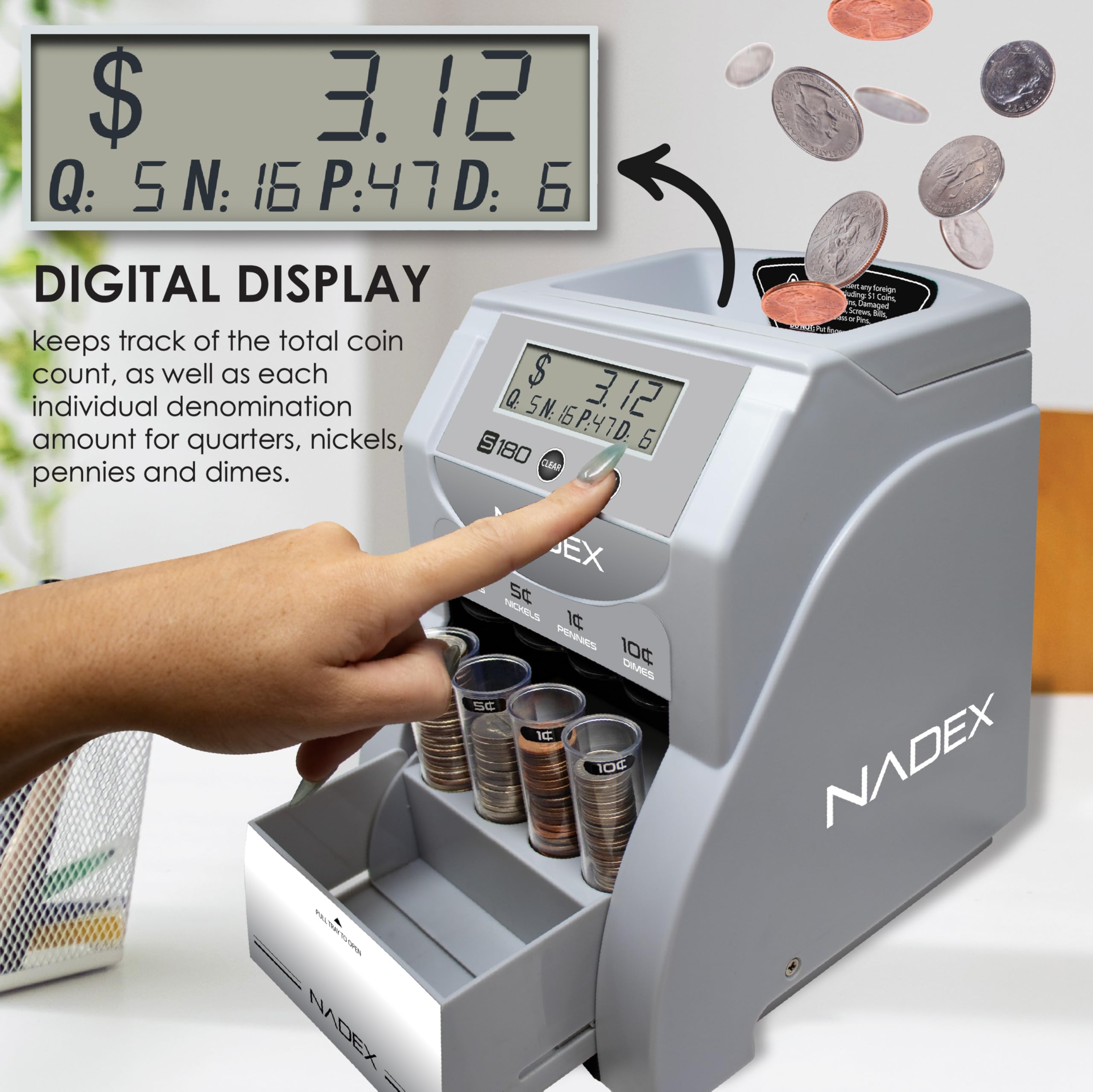 Nadex Clasificador y contador digital de monedas S180 - Muestra valores totales y denominación, color plateado