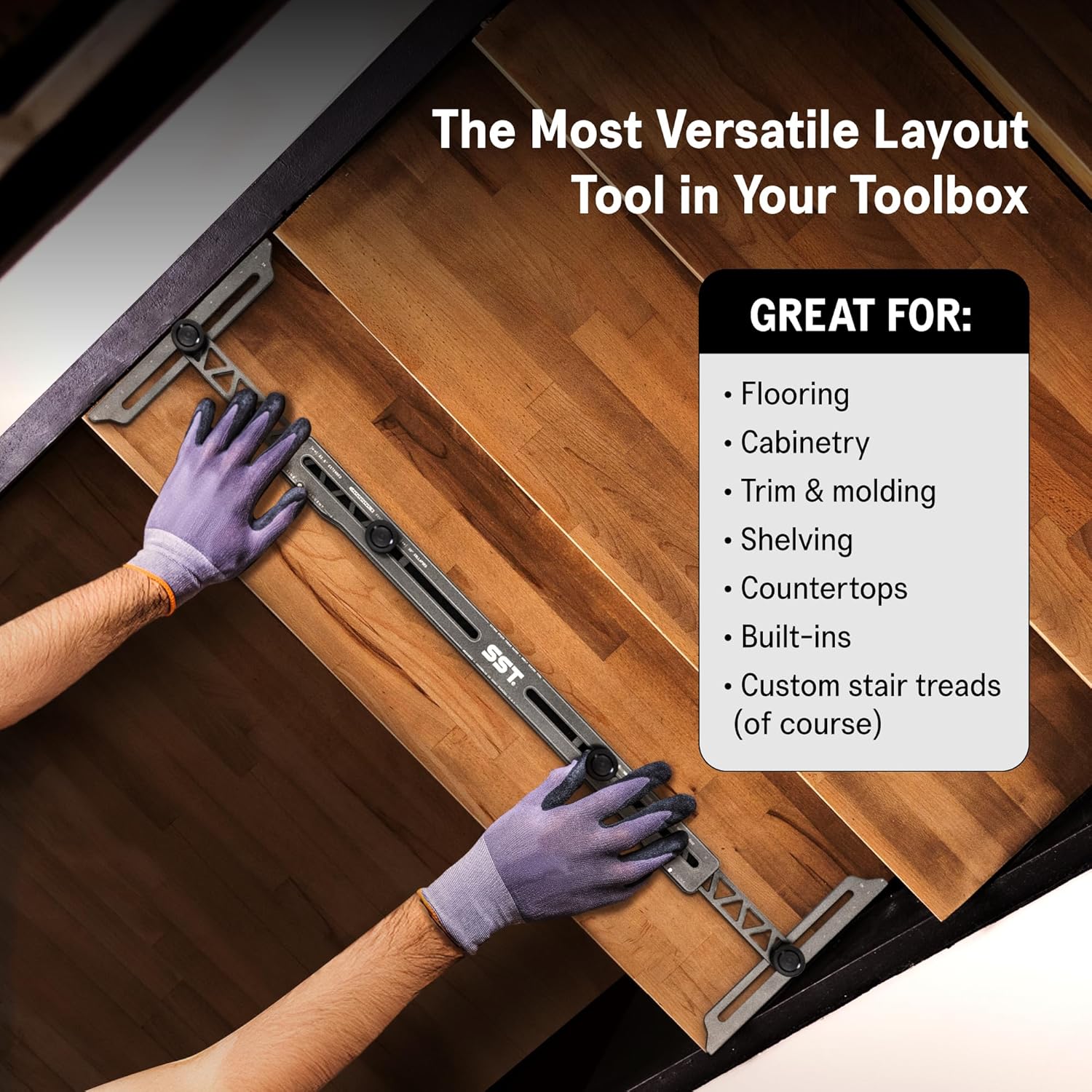 SST - Stair Gauge & Layout Tool - Accurately Measure Angles, Lengths & Edges - Durable CNC Aluminum Construction - Removable Pins for Precise Transfer of Stair Treads, Risers - 3-Year Warranty