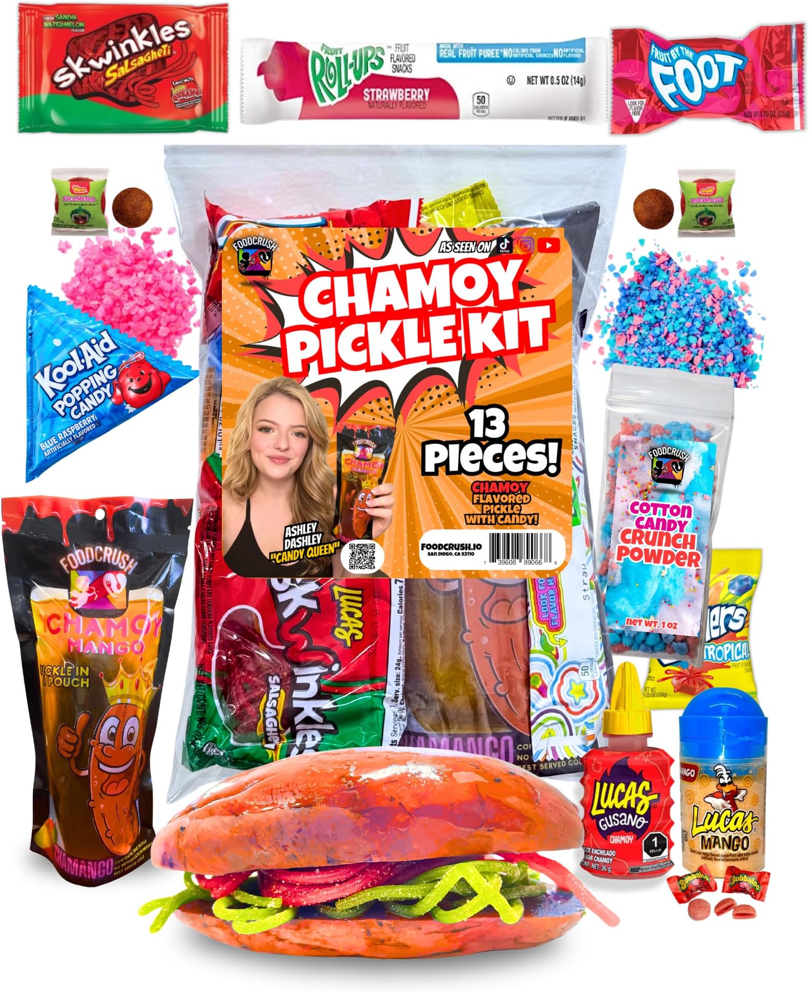 Asley Dashleys-Deluxe Chamoy Pickle Kit (13 Pcs) w/Cotton Candy Crunch Powder, Fruit Roll-up, Mexican candy, Lucas, Skwinkles, Care Package Easter Gifts For Kids