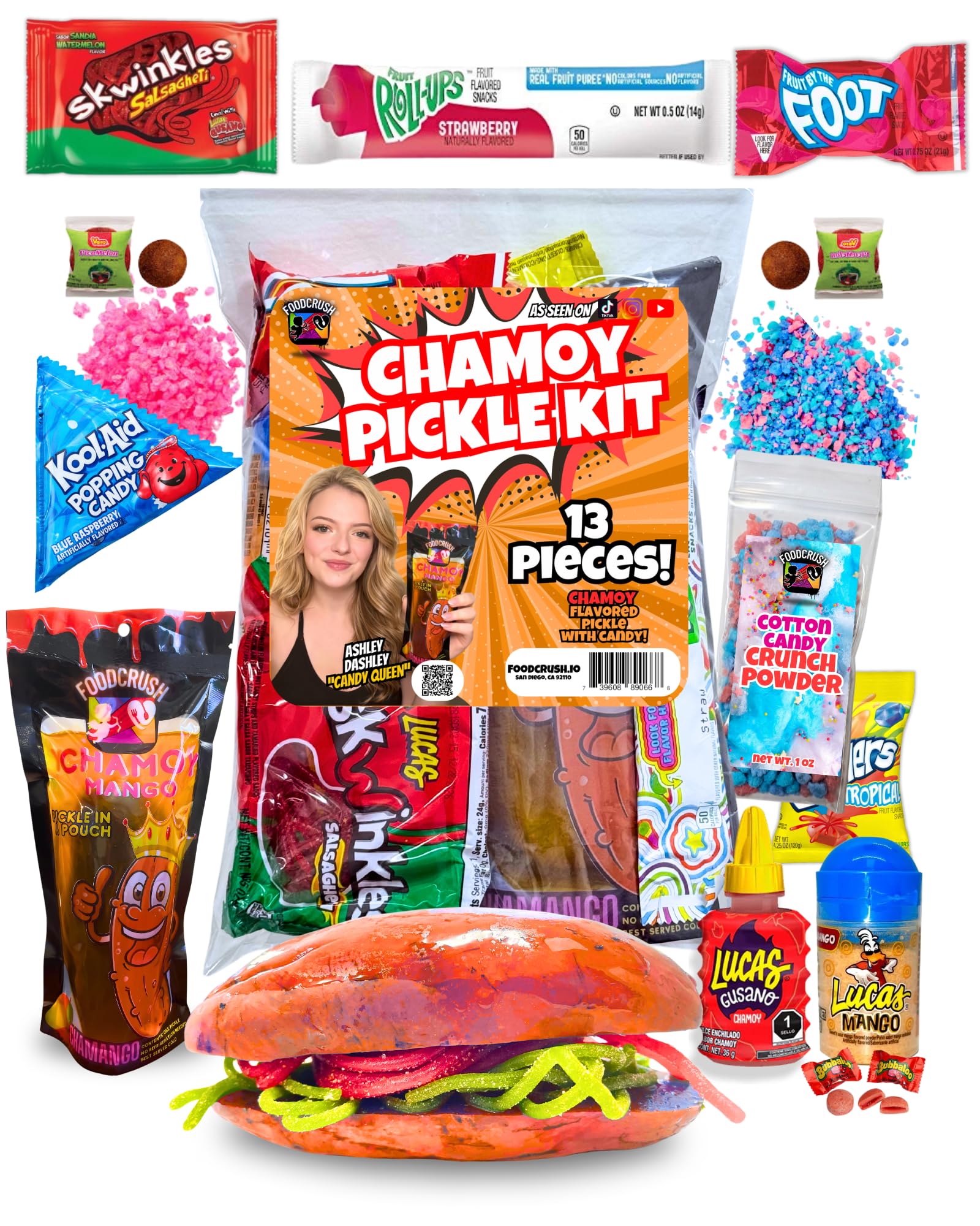 Chamoy Pickle Kit from Tiktok (13 Pcs) + Cotton Candy Crunch Powder, Pop Rocks Christmas Gifts For Kids, teen girls, boys, Birthday gift set