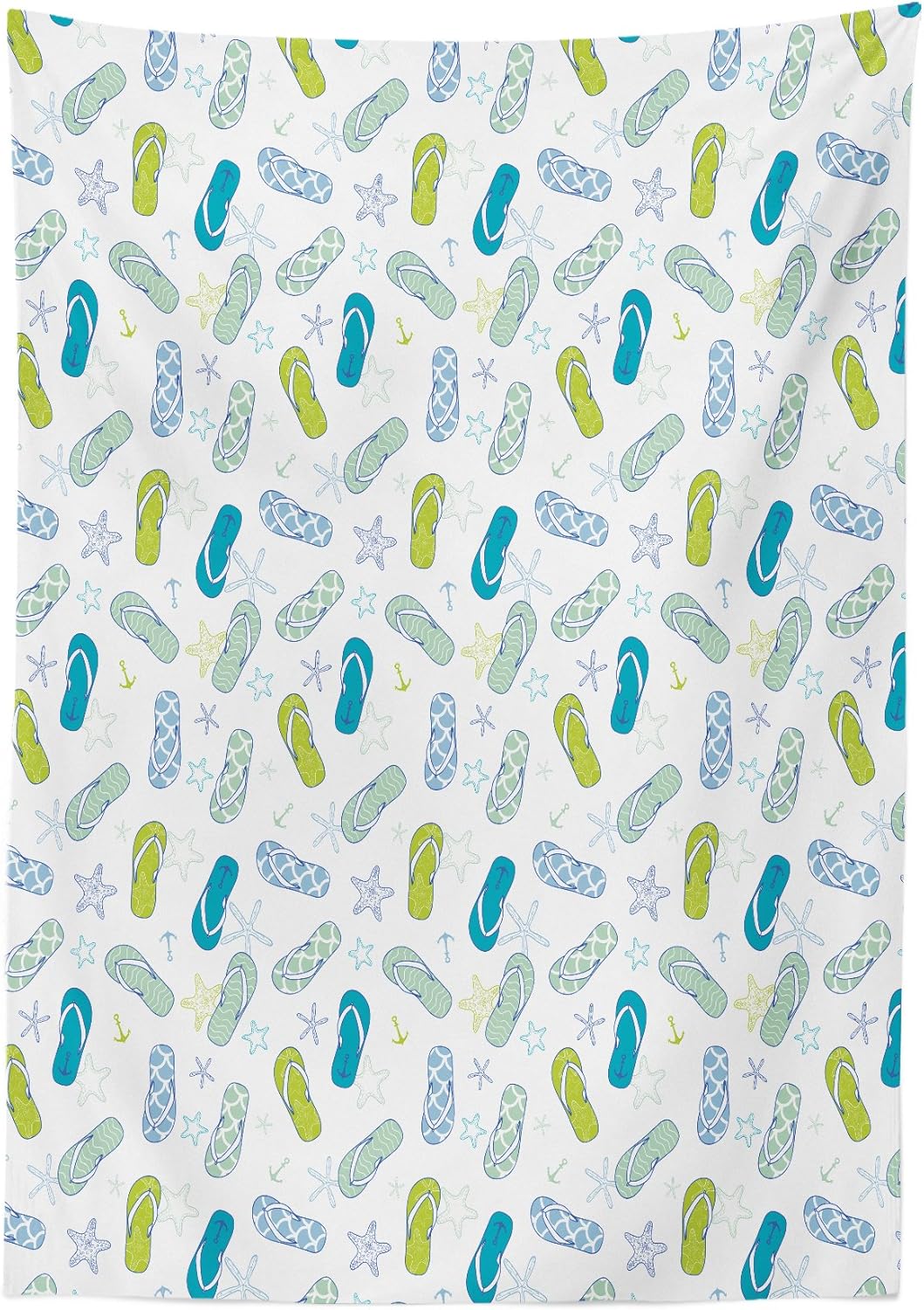 Lunarable Nautical Outdoor Tablecloth, Flip Flops Beach Swimming Summer Season Inspiration Starfish, Decorative Washable Picnic Table Cloth, 58" X 84", Blue Green 58" X 84" Blue Green