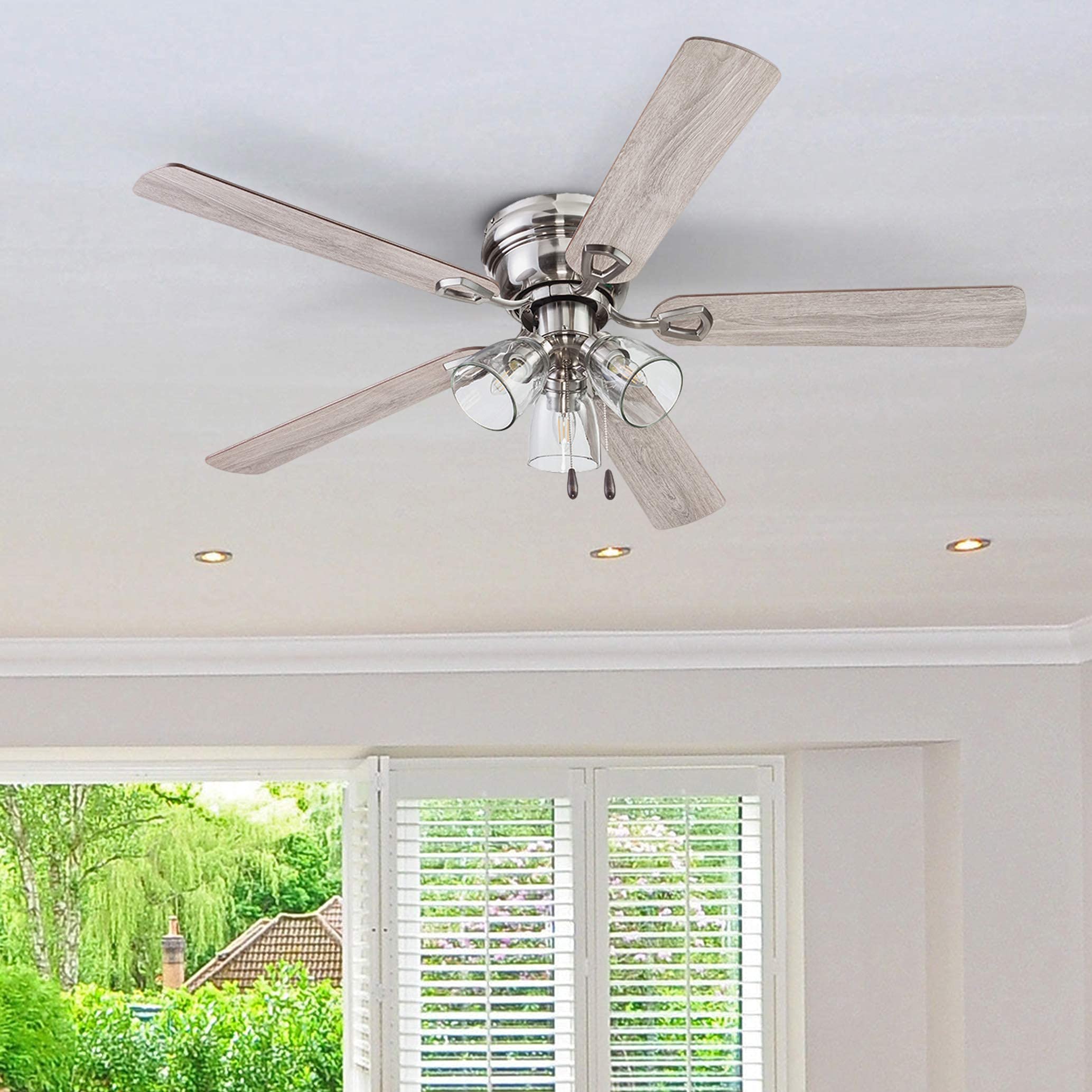 Portage Bay Ceiling Fans 52\" Renton Bronze Indoor Fan With Clear 3 Light LED Multi Arm; E26/B11 Bulb And Pull-Chains, Traditional Style, 5 Reversible Barnwood/Dark Chestnut Blades, 51439 In