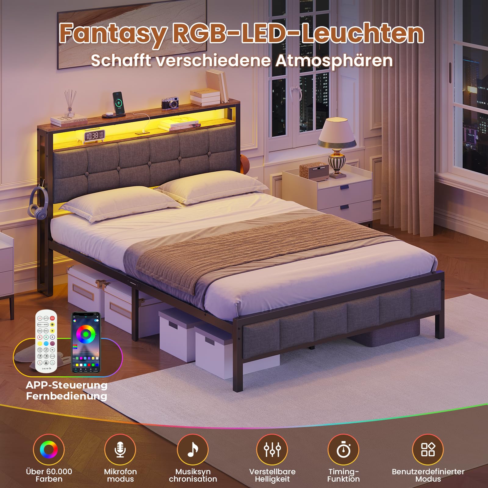 AOGLLATI Polsterbett 140x200 mit Ladestation Bett 140X200 mit LED-Beleuchtung,Bettgestell mit Lattenrost Metallbett Jugendbett mit Kopfteil aus Leinenstoff (140×200cm)