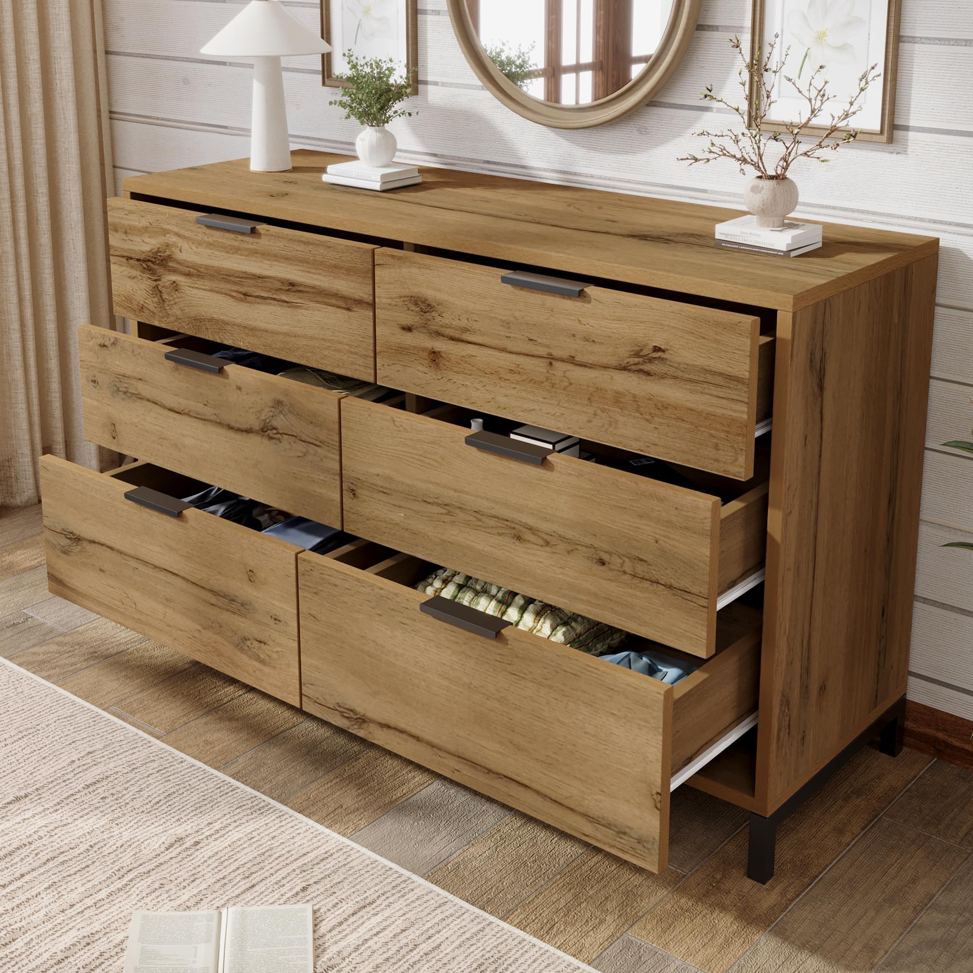 Cassettiera, credenza con 6 cassetti, 120 x 40 x 76 cm, in rovere scuro, per camera da letto, tutti gli spazi abitativi