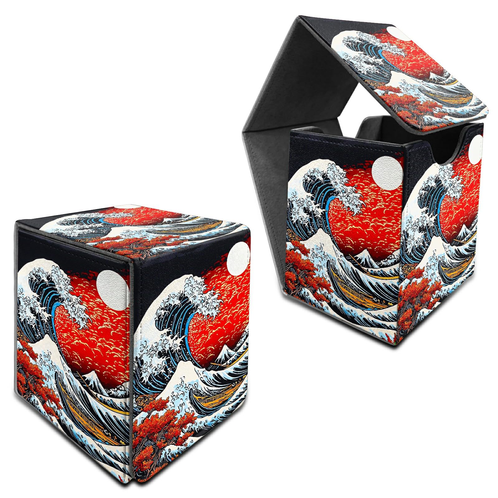 RWUTYTIUL Deck Box for MTG, Cards Storage Box Fits 120+ Sleeved, Leather Medium Size Strong Magnetic Closing Card Case for Board Games Magic TCG CCG Baseball Collection, Red Sunset Waves